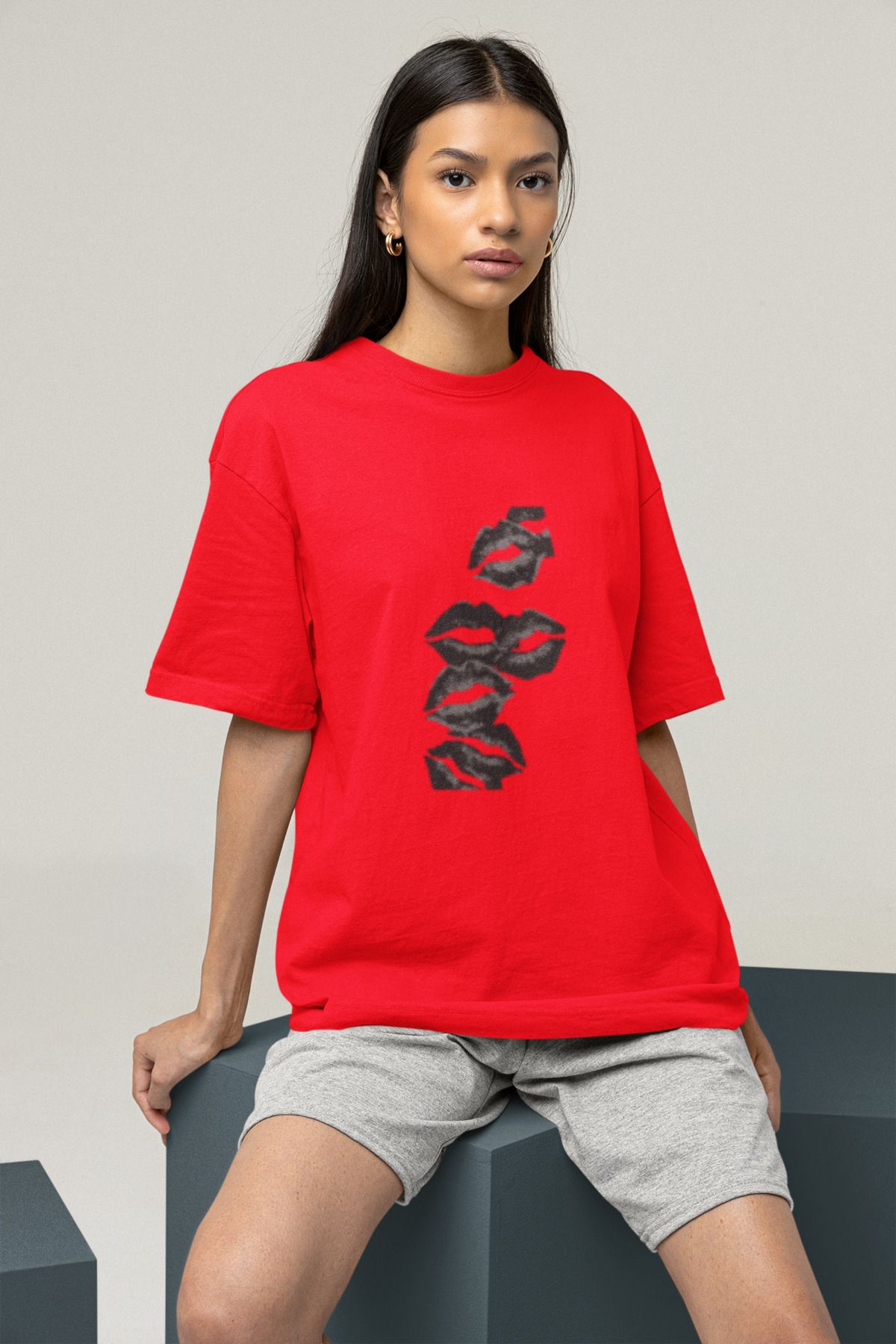 MG DUDAK BASKILI KADIN BİSİKLET YAKA PAMUKLU OVERSIZE KALIP KISA KOLLU T-SHIRT