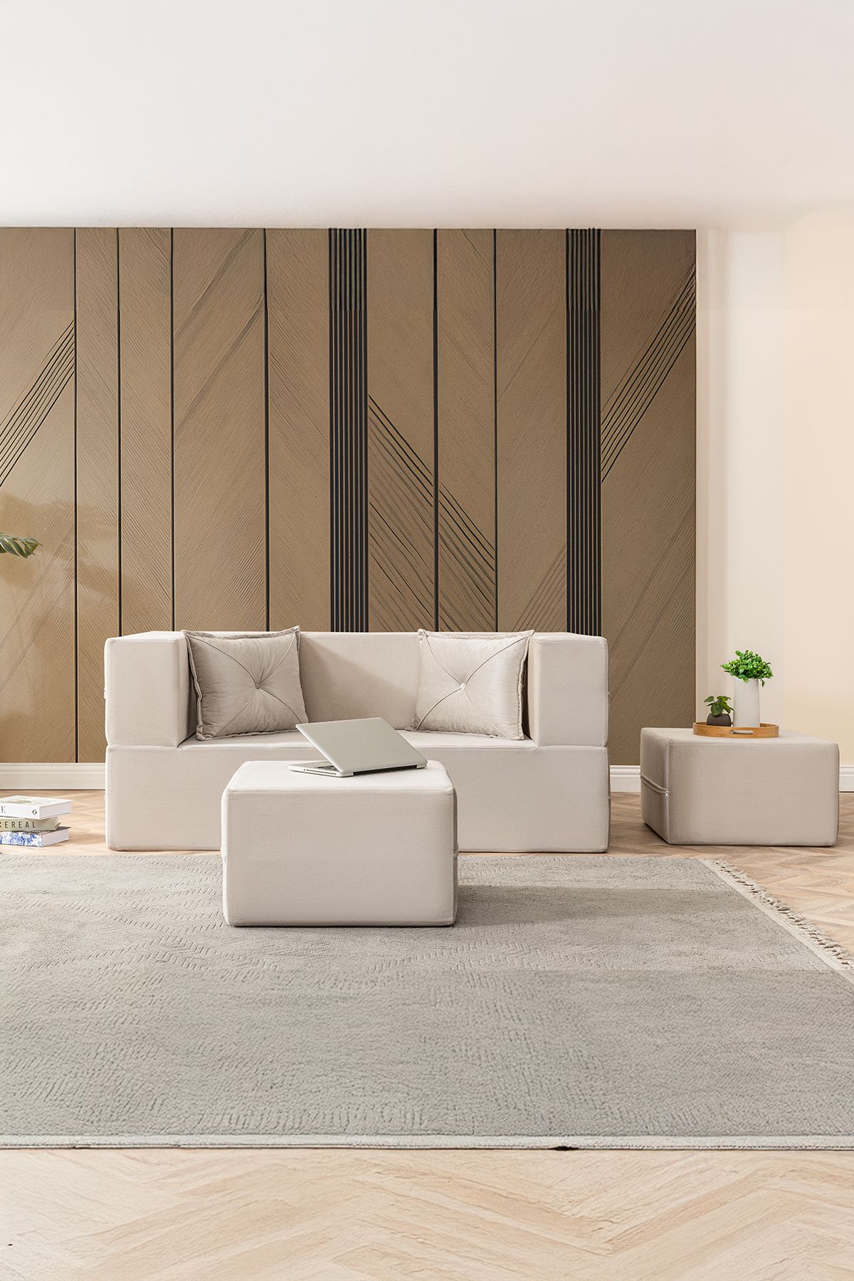 BRANNA HOME Neo Açılır Koltuk & Çift Kişilik Puflu Uzanma Koltuğu & Aktivite & Çok Amaçlı & Yatak Olabilen Krem