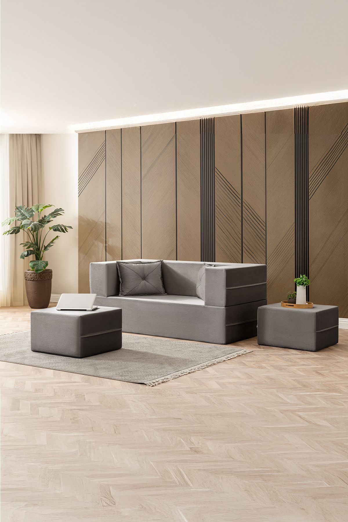 BRANNA HOME Neo Çift Kişilik Açılır Koltuk & Çift Kişilik Puflu & Uzanma Koltuğu & Silinebilir Çok Amaçlı