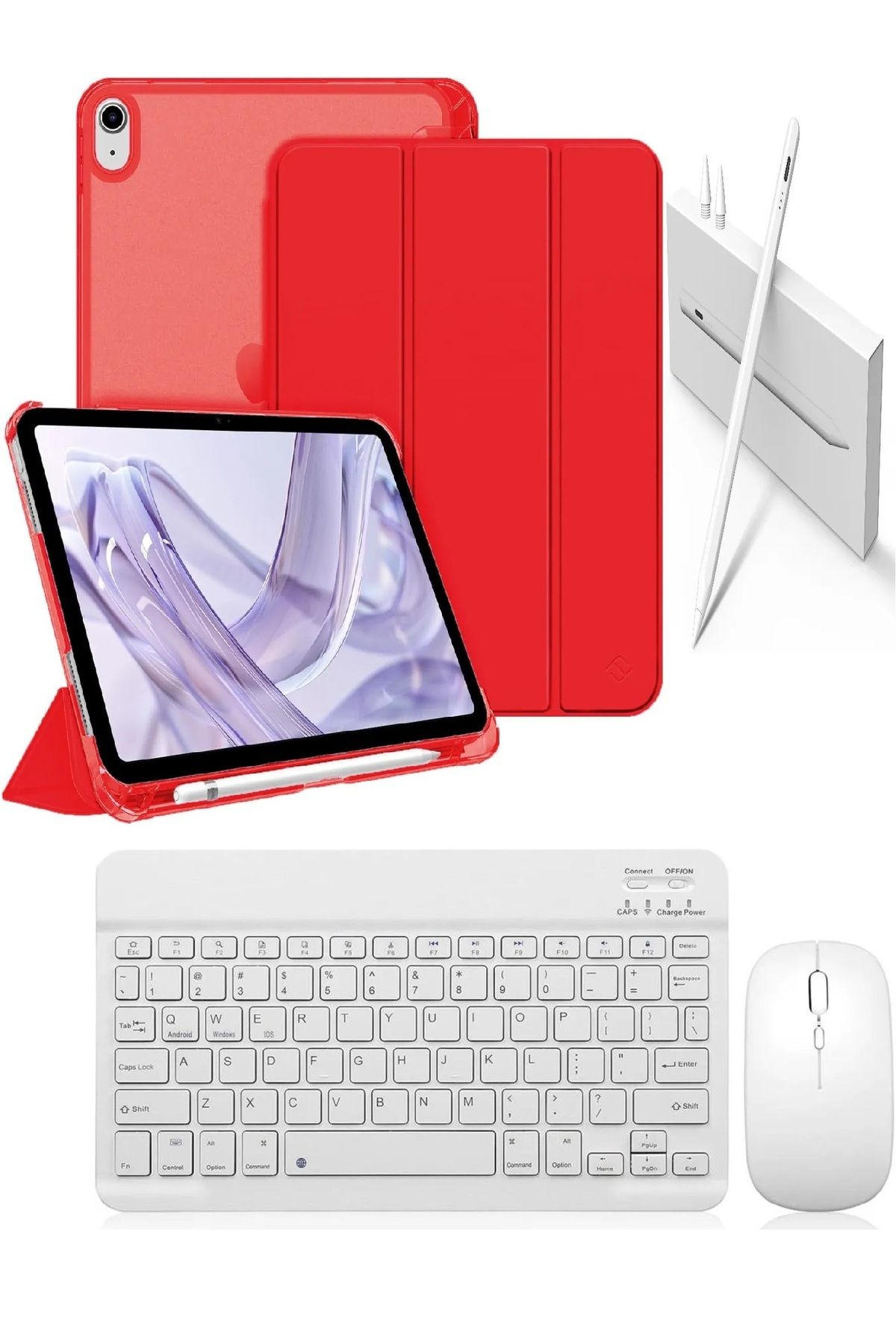 Covpor Apple İpad Pro 11 1/2/3/4. Nesil Uyumlu Flip Kılıf Kırmızı+Bluetoothlu Klavye Mouse+Kalem