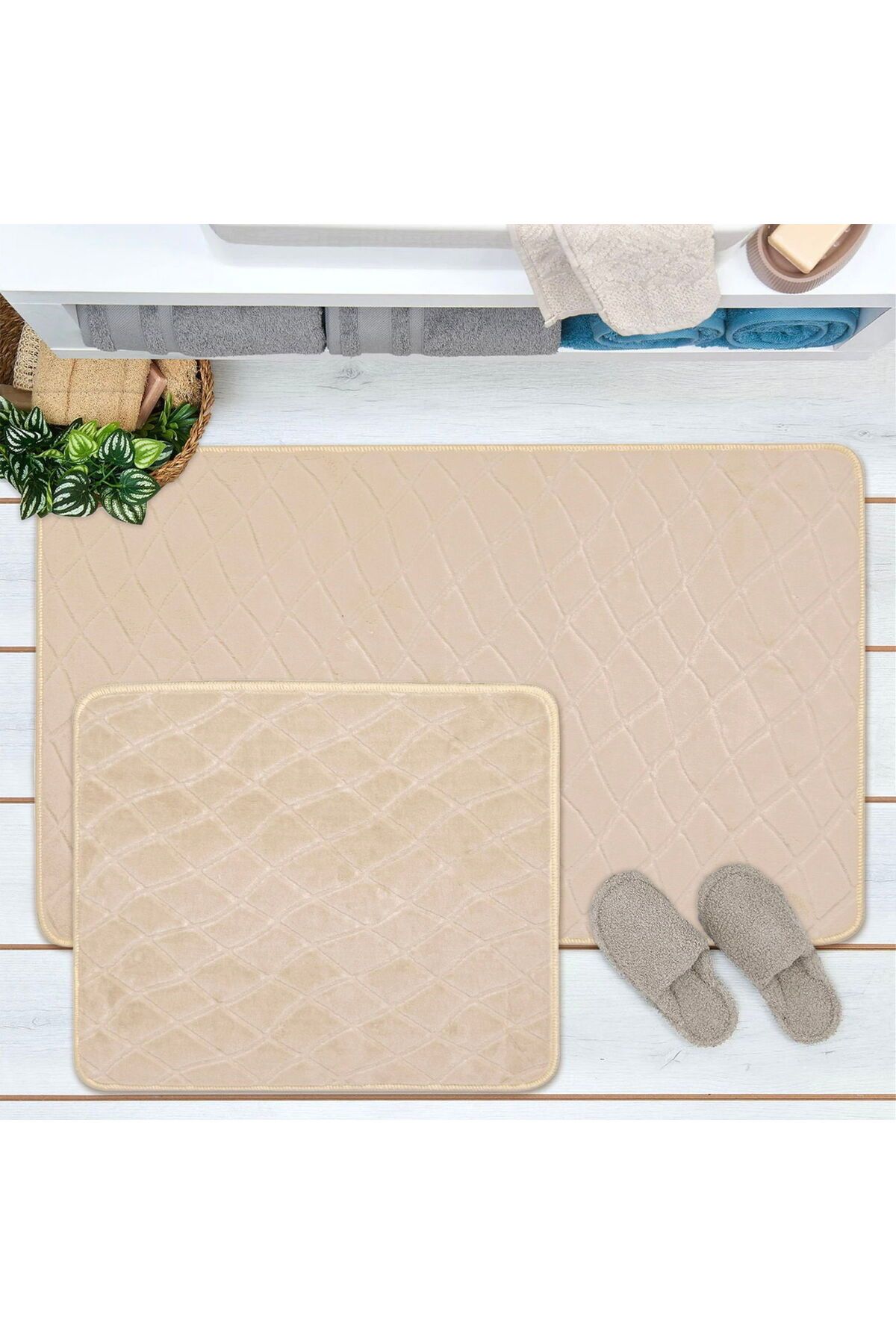 MATMEL Holly 2'li Banyo Paspası - Taş - 60x100 cm + 50x60 cm