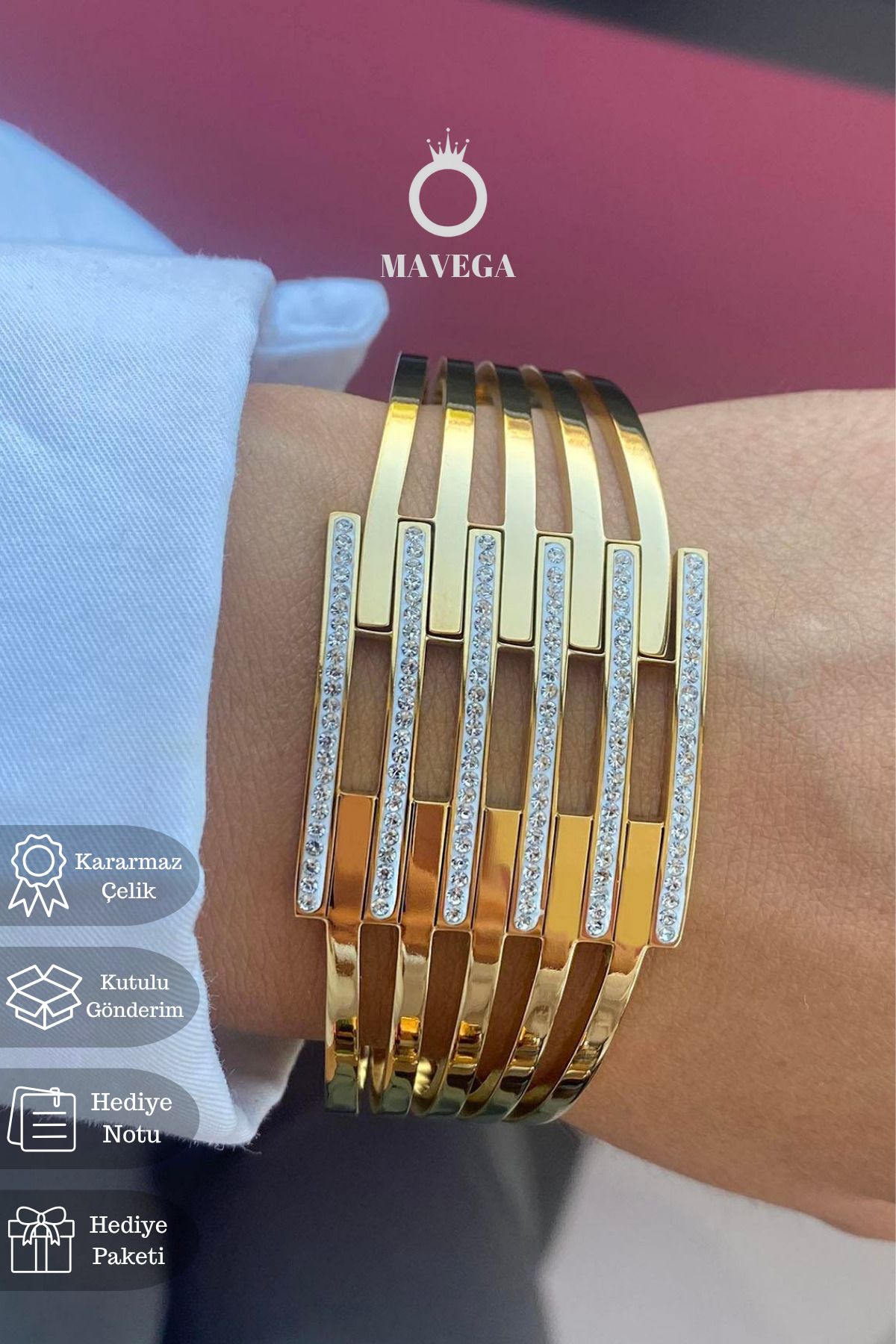 MAVEGA Yüksek Kalite Paslanmaz Çelik Zirkon Taşlı Kaburga Kadın Kelepçe Bileklik | Altın Renk, 17-19 Cm