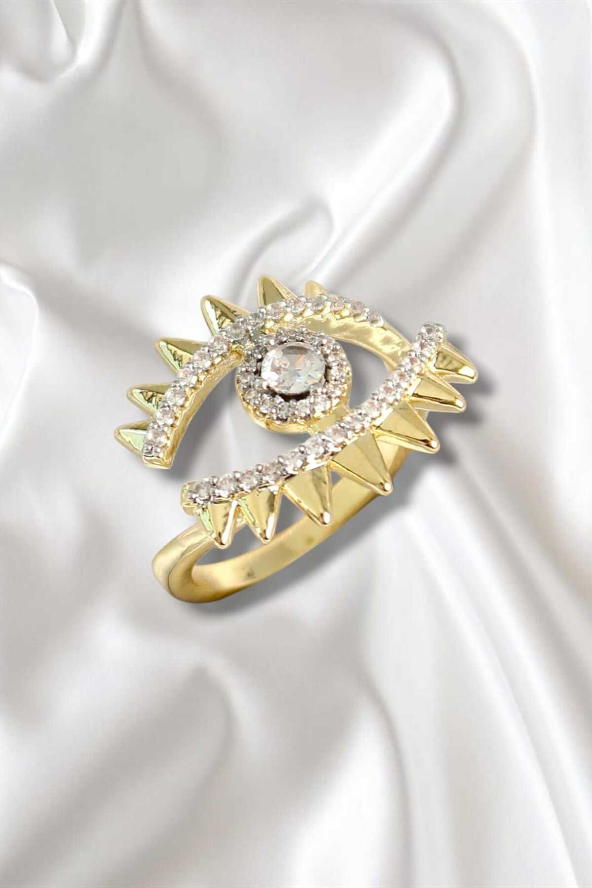 REBORN DESIGN Pirinç Göz Figürlü Zirkon Taşlı Gold Renk Ayarlanabilir Kadın Yüzük