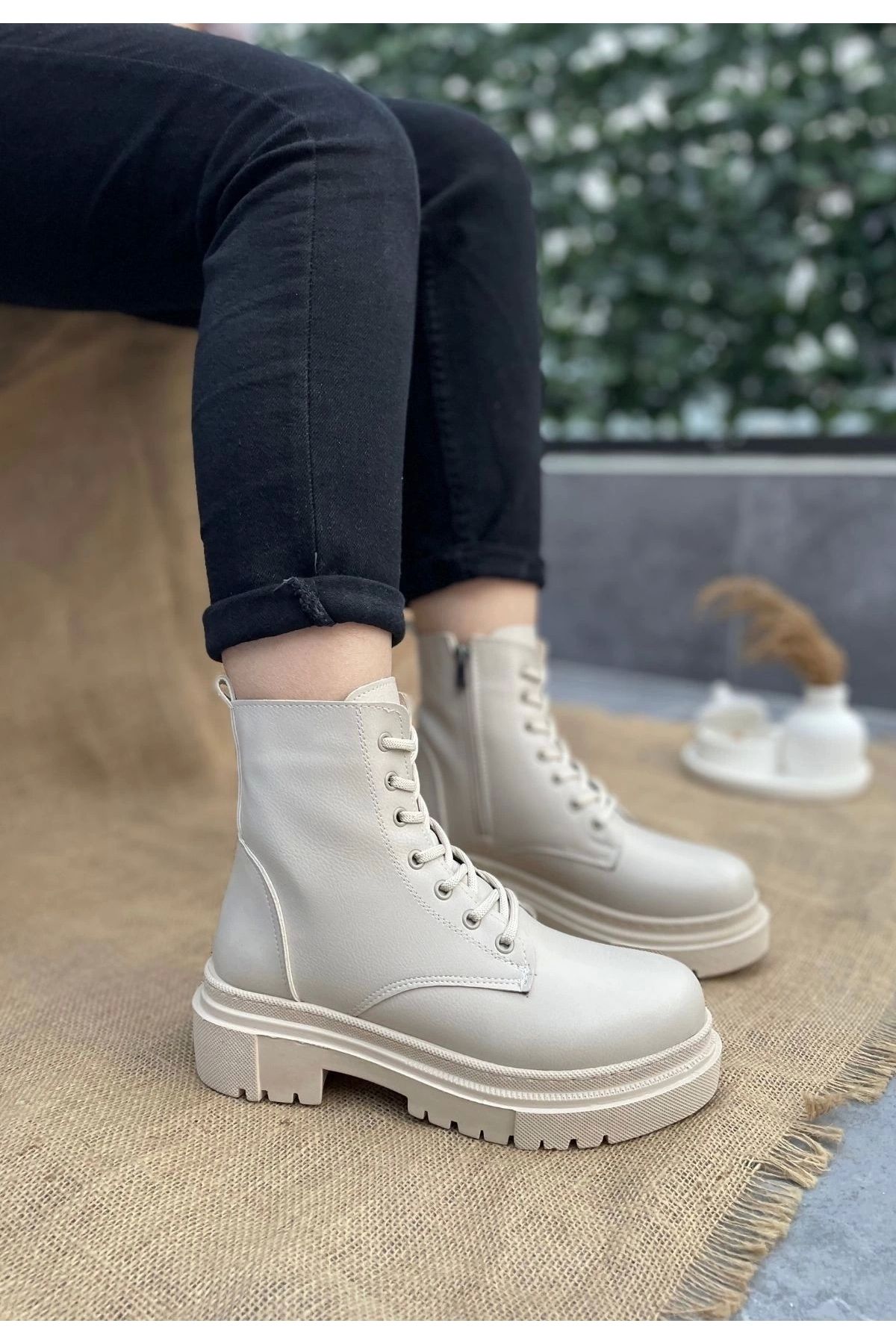 OurStyles Aleyt Bej Cilt Bağcıklı Bot