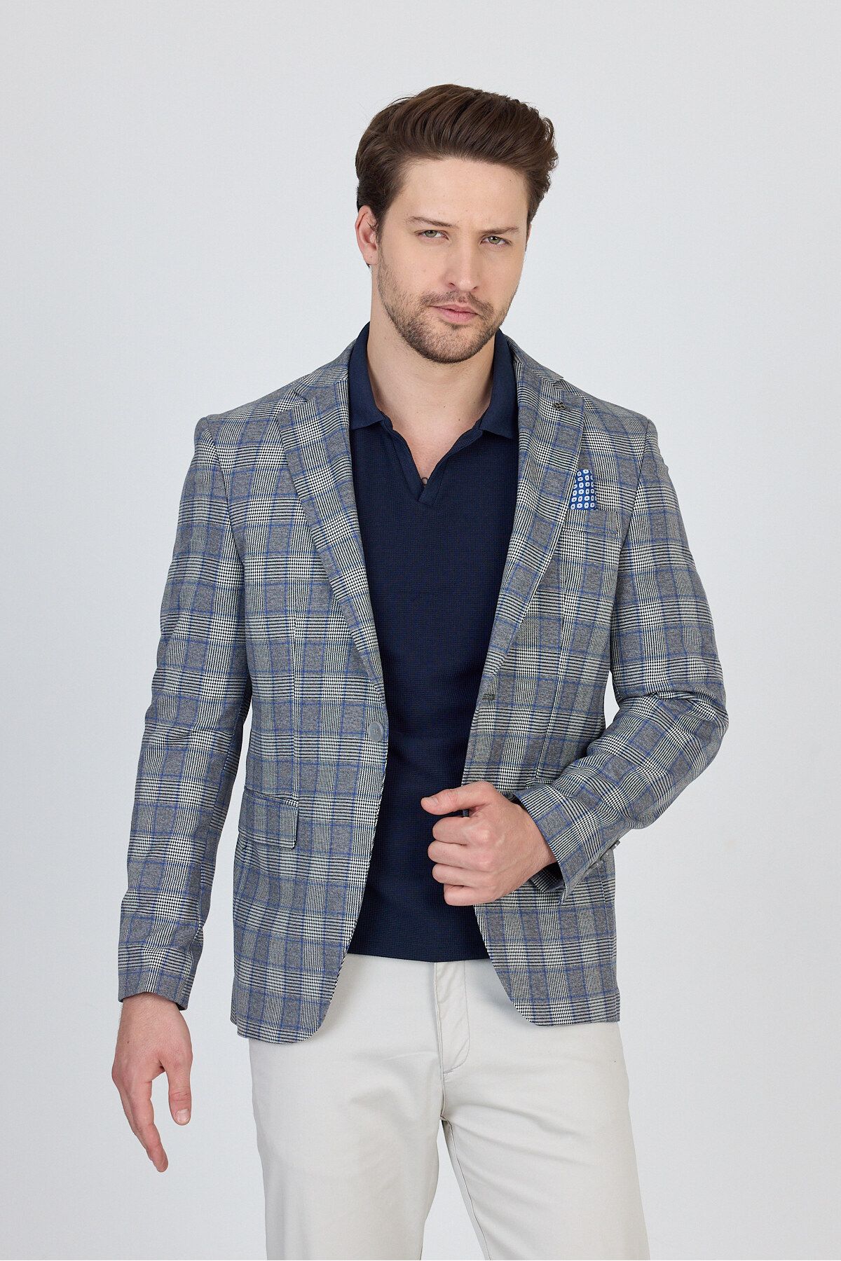Frappoli Vegas Erkek Gri-Mavi Ekose Polyester Kumaşlı Spor Blazer Ceket