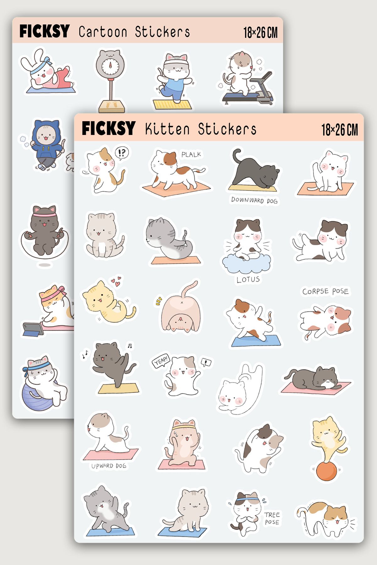 Ficksy Kawaii Stili Sevimli Yavru Kedi Yoga Fitness Temalı Sticker Seti - 44 Adet Etiket Çıkartma