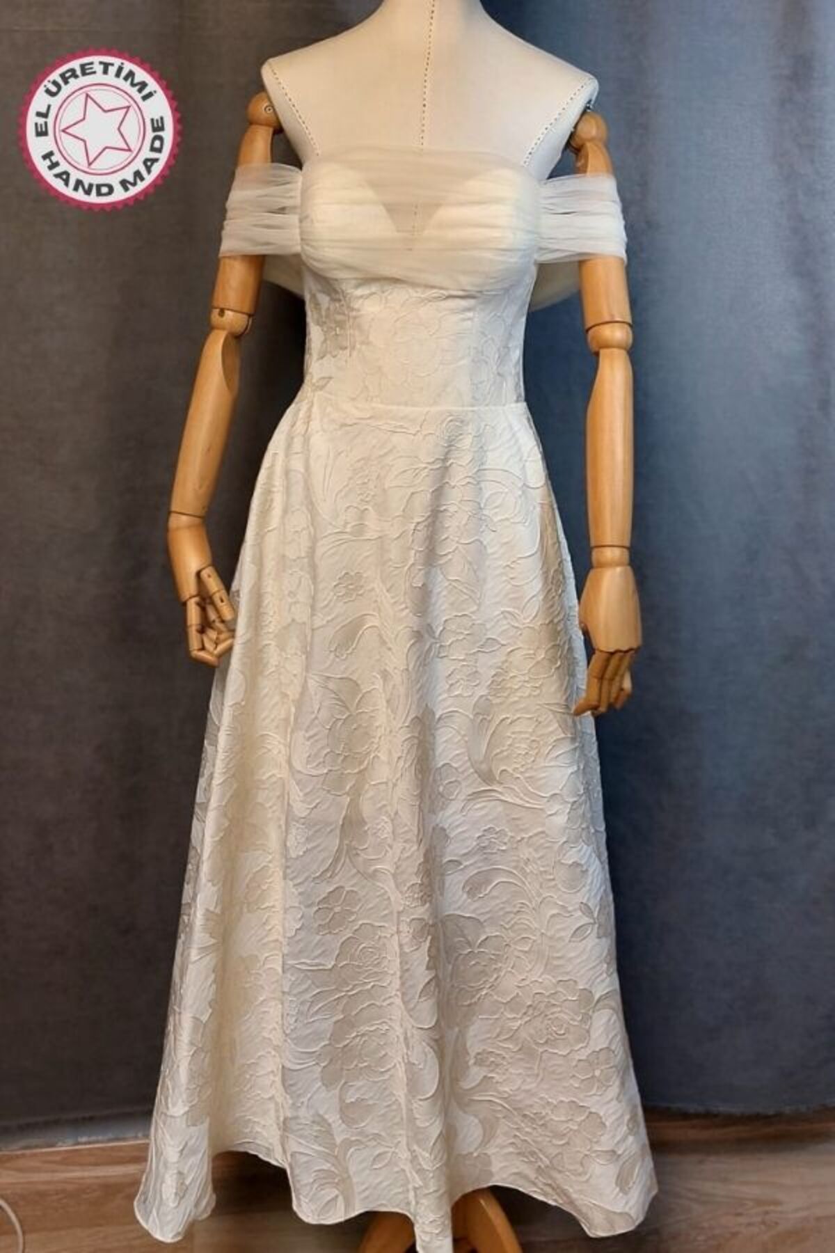 Uretti - Talia 8659 3162 El Yapımı Brokar Straplez Abiye Elbise - S Beden