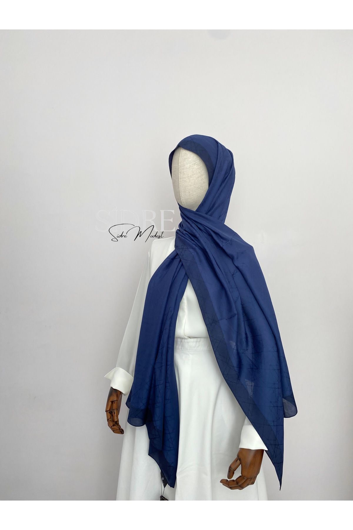 SİDRE MODEST Kendinden Desenli Lacivert Şal