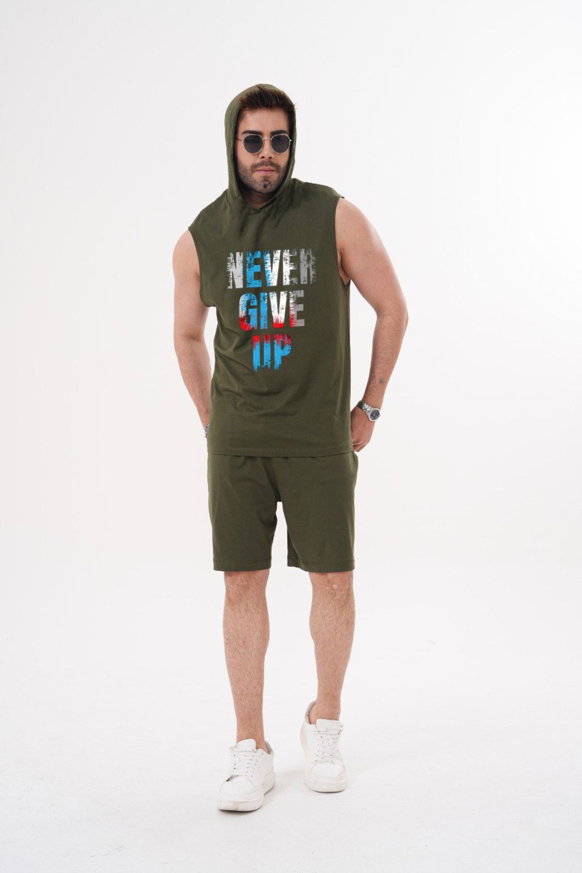 ACTIVE MODA ERKEK -Never Give Up -BASKILI SPOR ATLETİ - ŞORT TAKIMI 2Lİ BÜYÜK BEDEN PAMUKLU