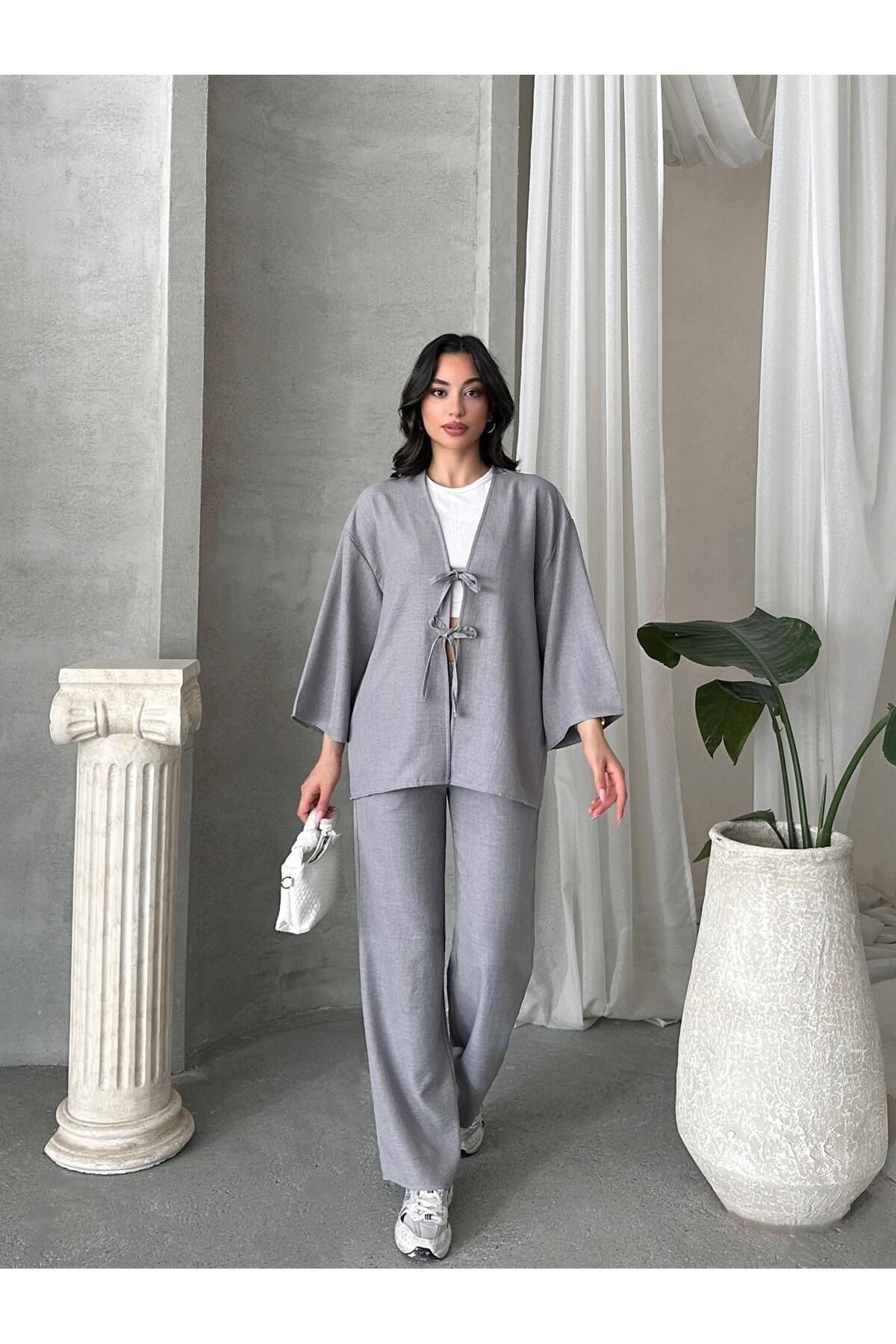 New Lune KADIN GİYİM keten baglamalı kimono takım, ikili takım ,alt üst takım