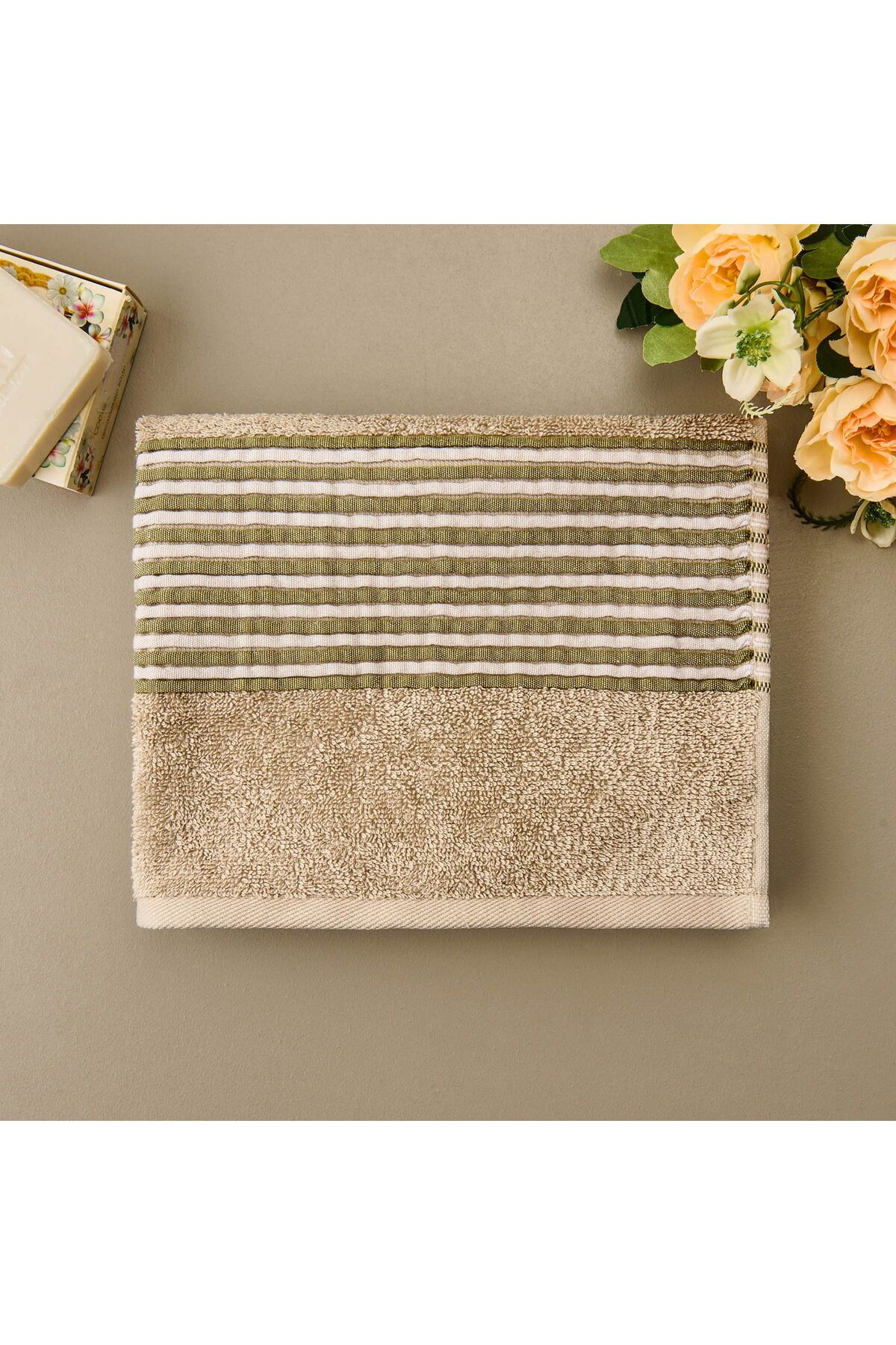 ASPARTAM İpliği Boyalı Linen Border Yüz Havlusu - Bej - 50x80 cm