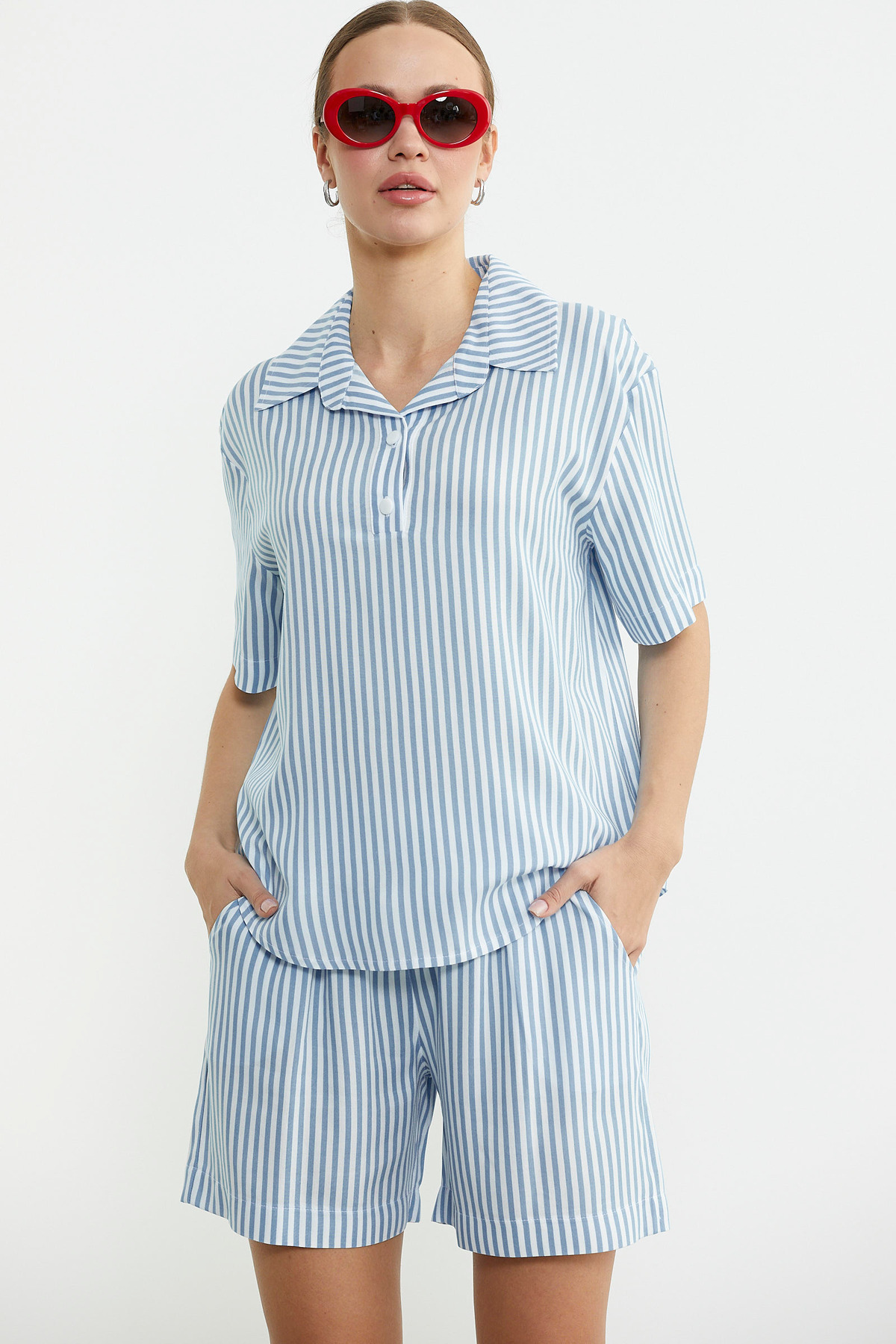 Sementa-Double Combed Cotton Suit with Striped Shorts - Blue 4