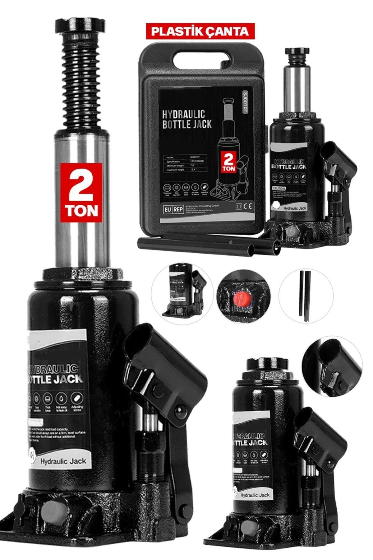 MOONSHOP Pro Black Seri Çelik Şaseli Çift Dişli Özel Çantalı 2 Ton Hidrolik Araba Karavan Oto Kriko..