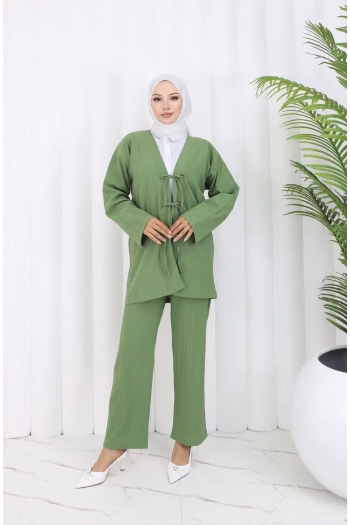 Neba Boutique Kadın Bağcıklı Yeşil Kimono Takımı