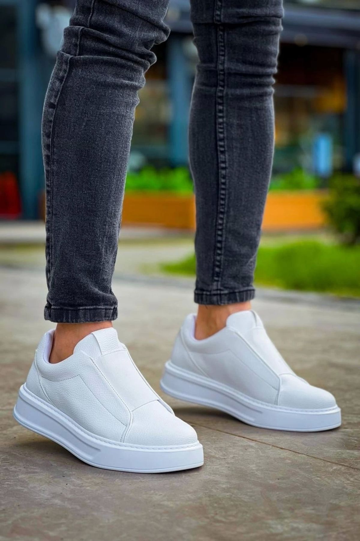 OurStyles KB-007 Kuback Beyaz Yüksek Taban Tek Bant Bağcıksız Günlük Erkek Ayakkabı