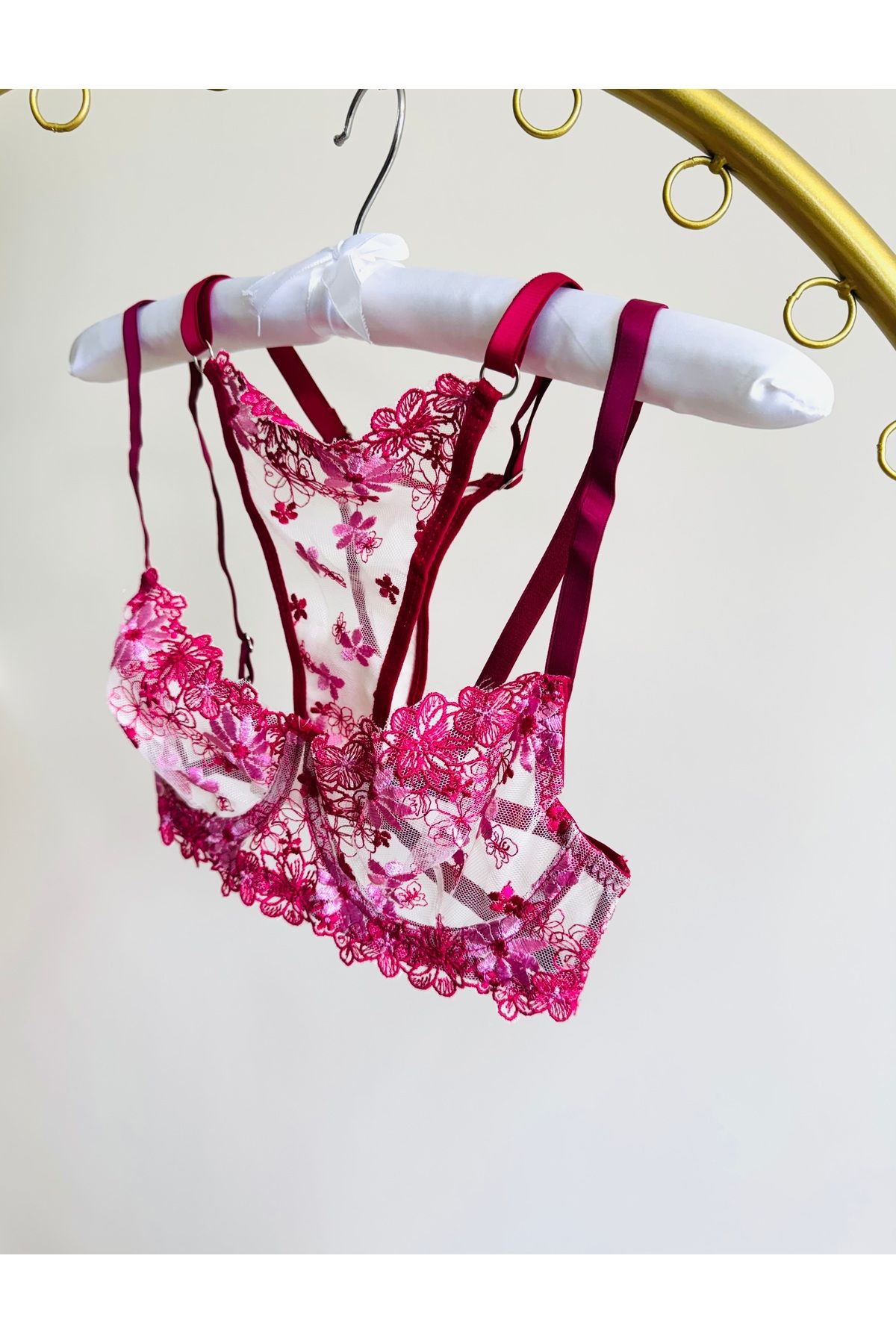TRIO LINGERIE BORDO ÇİÇEK İŞLEMELİ TÜL BRODE TAKIM