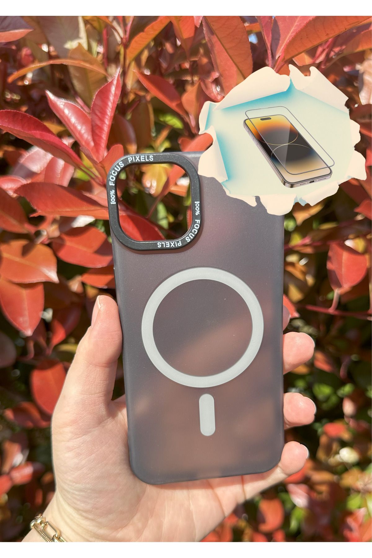 CNL iPhone 14 uyumlu Magsafe özellikli Kamera Koruma Çerçeveli Darbe Emici Koyu Şeffaf Kılıf