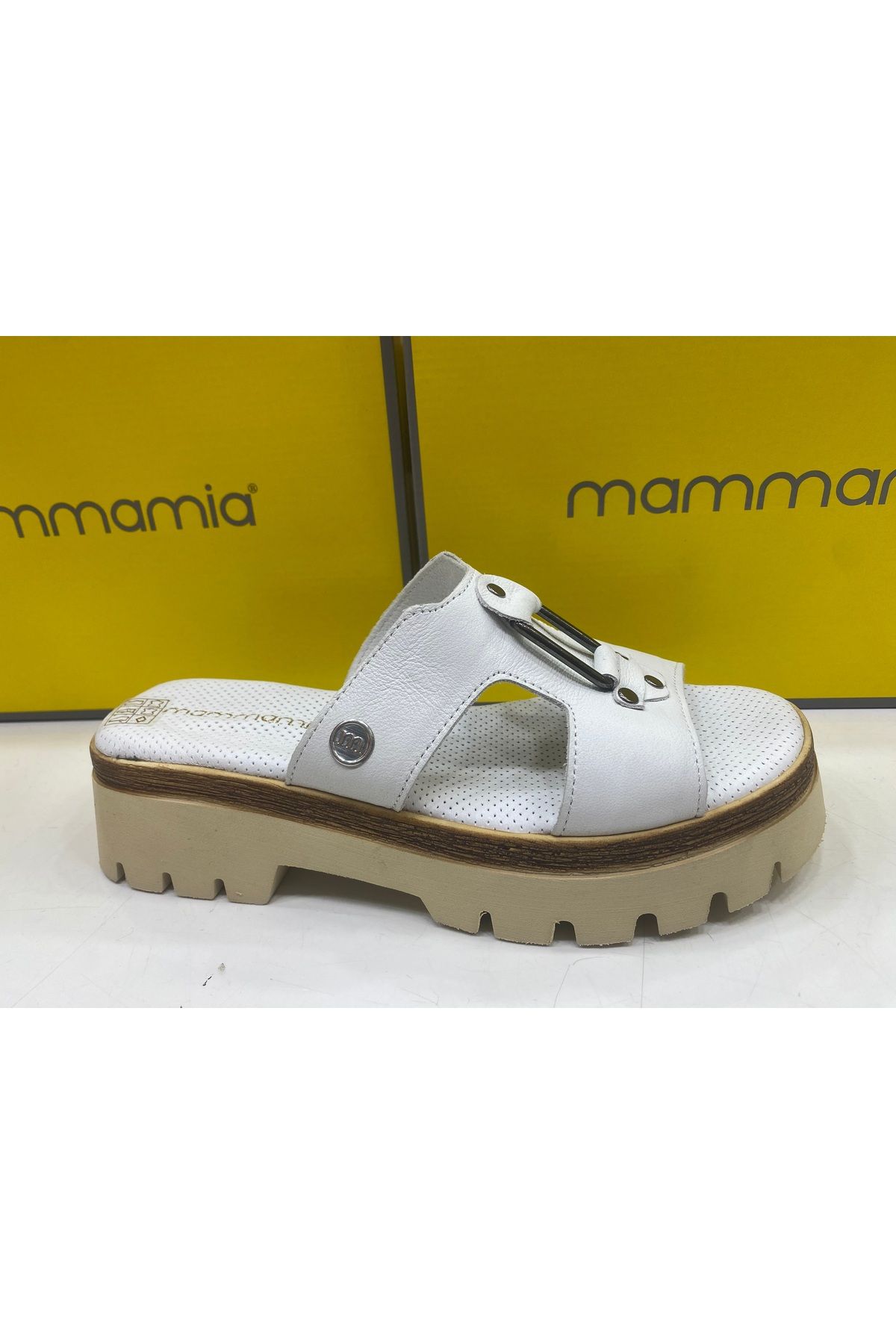 Mammamia D25YT-1655 Kadın Hakiki Deri Topuklu Terlik beyaz