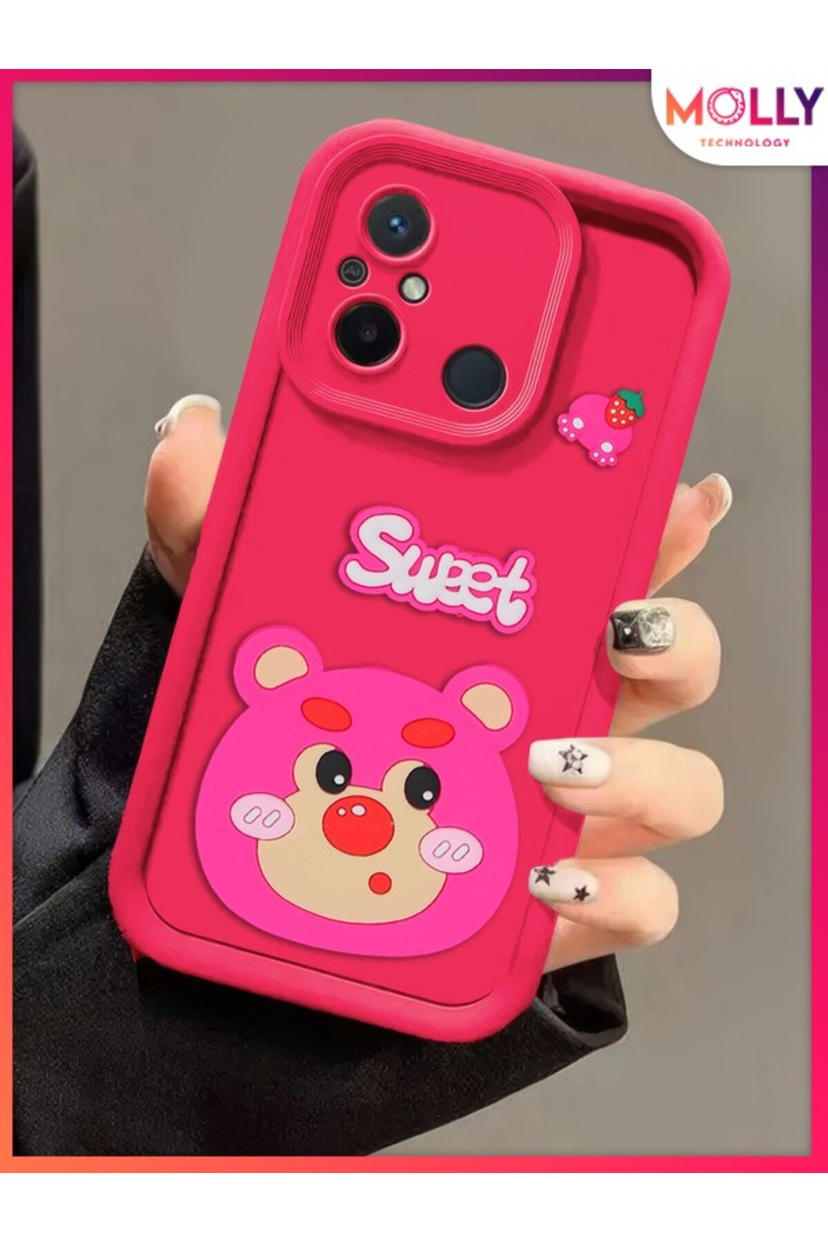 Molly Xiaomi Redmi 12C İçin Magenta Kenarları Kalın 3d Kabartmalı Çilek Ayı Silikon Kılıf