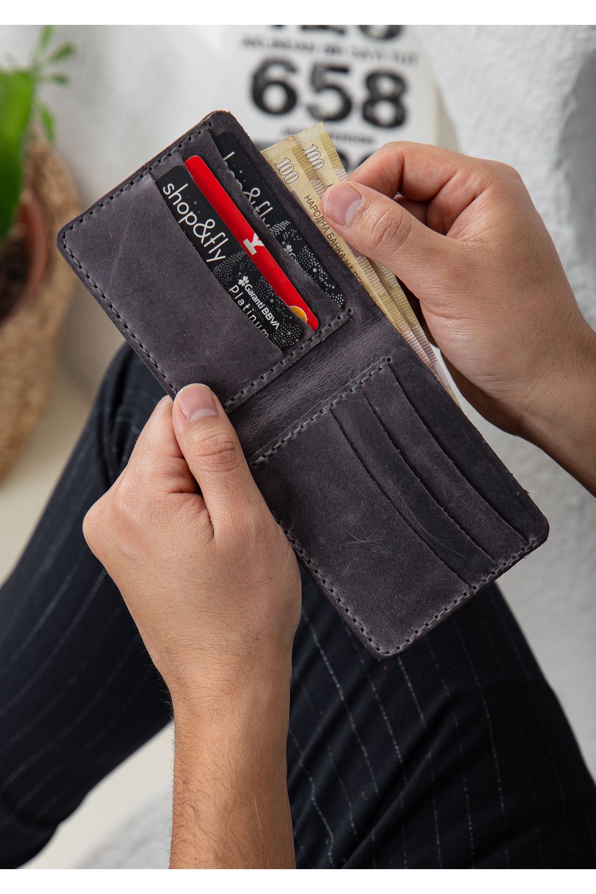 Niki Leather Valerin Klasik El Yapımı Gri Gerçek Deri Cüzdan