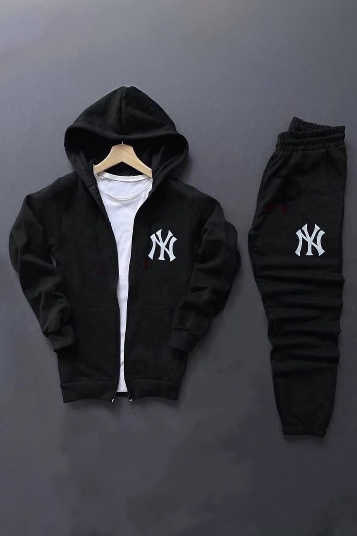 Velkoz Unisex NewYork Baskılı Kapüşonlu Fermuarlı Sweatshirt Alt-üst Takım