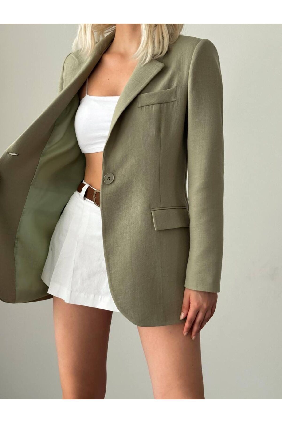 BUTİK ELAJ Kadın Haki Keten Tek Düğme Blazer Ceket