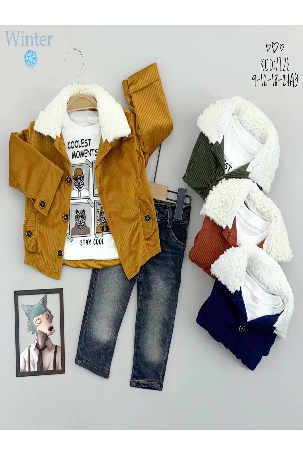 mega fair 9-12-18-24 Ay Düğme Kapamalı Yakalı Ceket Uzun Kollu Sweatli Kot Pantolonlu 3lü Erkek Bebek Takımı L