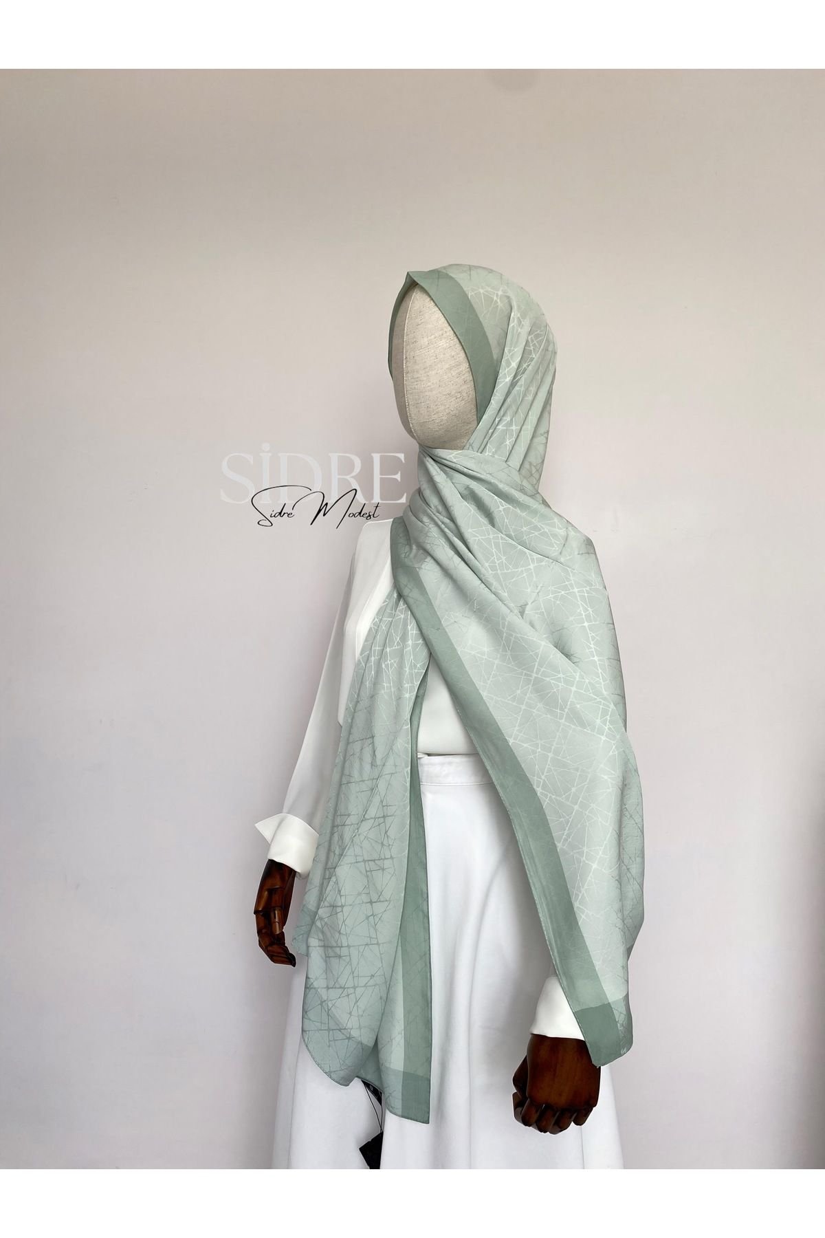 SİDRE MODEST Kendinden Desenli Nane Yeşili Şal
