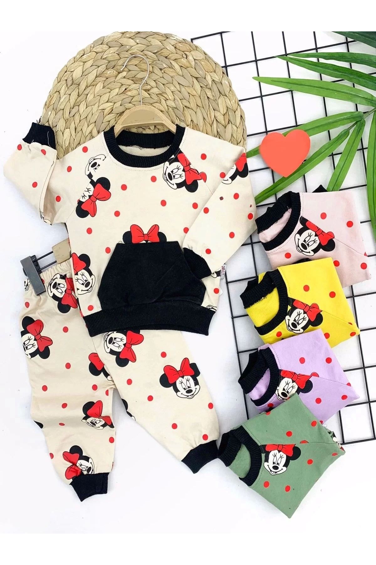 mega fair 9-12-18-24 Ay Mickey Baskılı Cepli 2li Kız Bebek Takımı Lila
