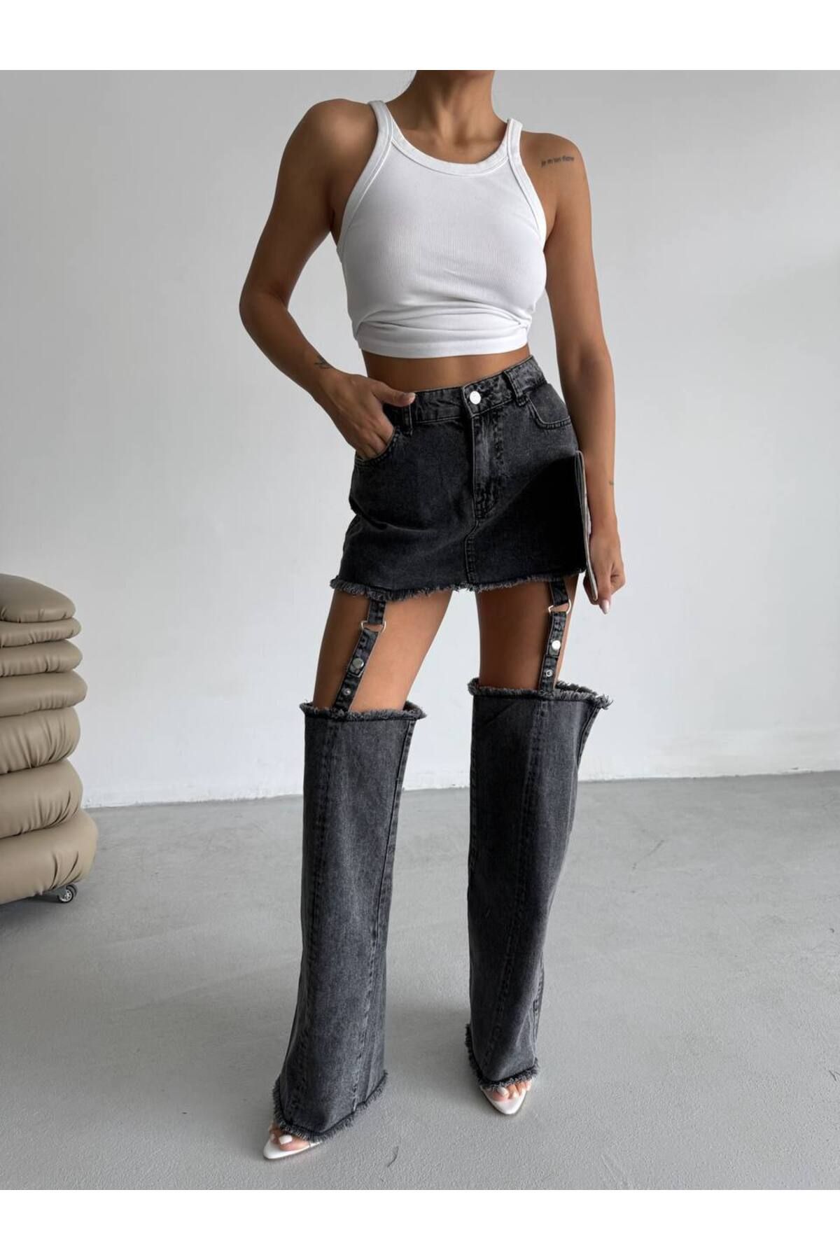 Castivo Fashion Çıtçıt Detaylı Denim Garter Jean Etek-Pantolon Takım