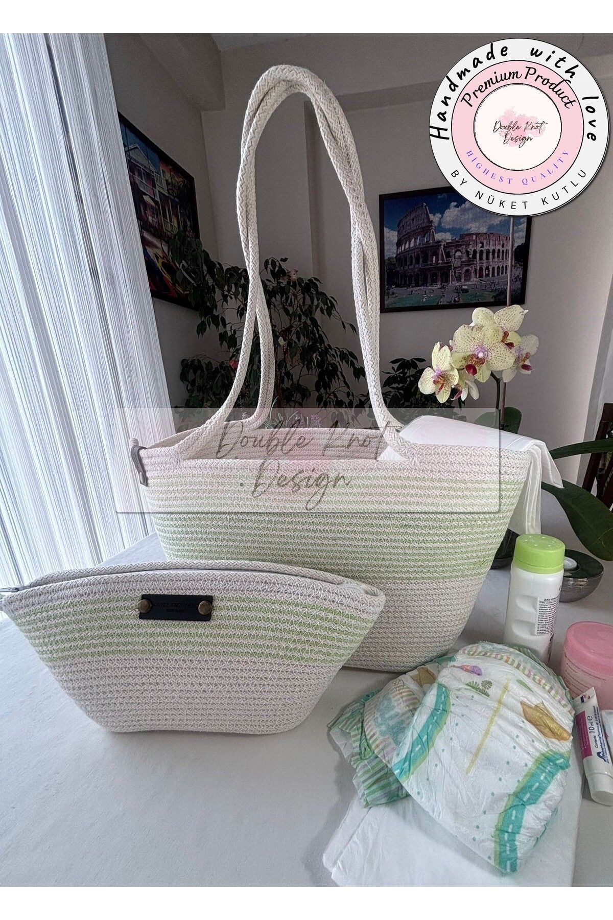 DOUBLE KNOT DESİGN BABY 2li Takım Bebek Bakım Çantası,El Çantası Clutch Kadın Çanta,Hediyelik, hasır Tres
