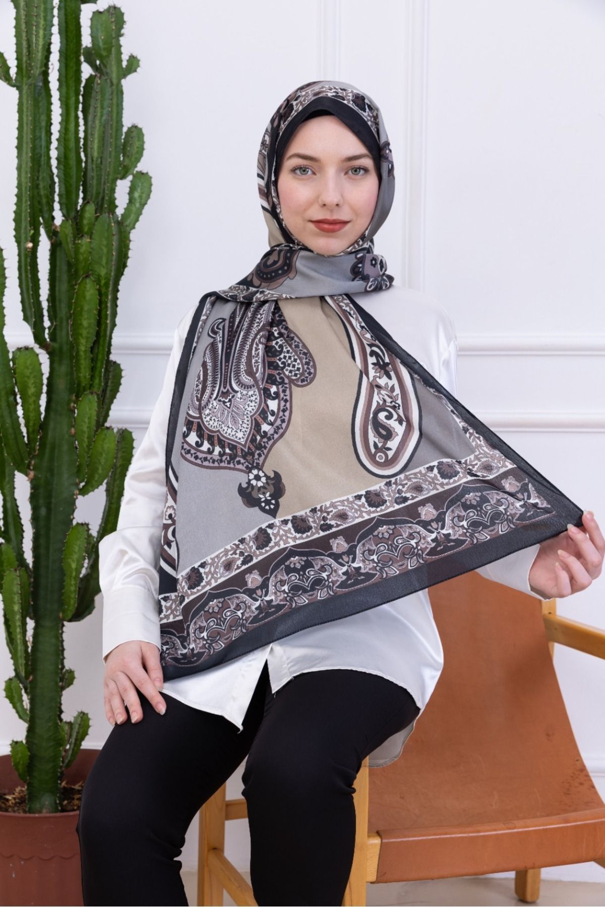 aldyoo Retro Etnik Desen İdol Janjan Şal Gri Bej