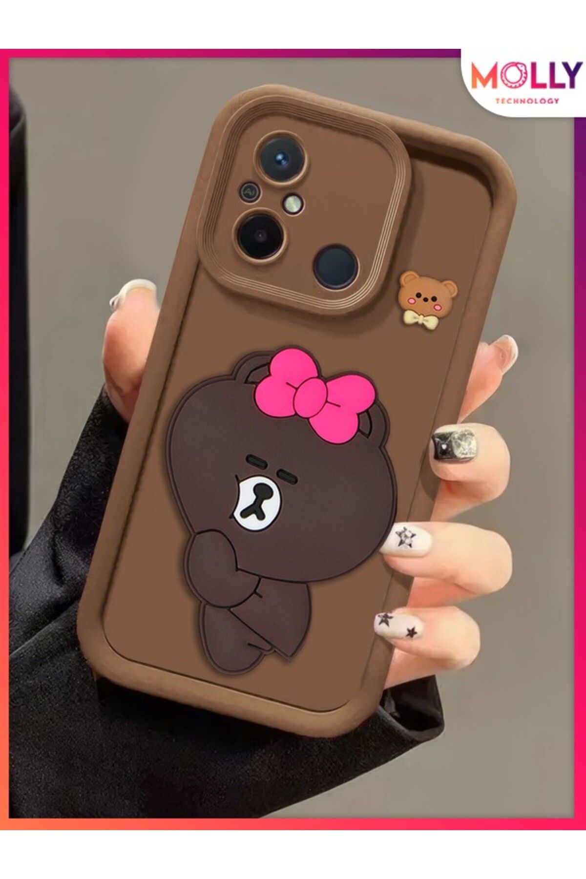 Molly Xiaomi Redmi 12C İçin Fallow Brown Kenarları Kalın 3d Kabartmalı Alice Bear Silikon Kılıf