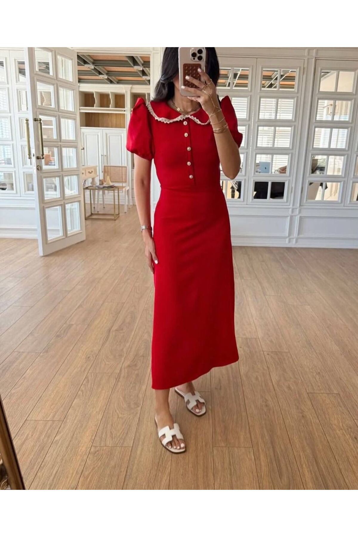 mafdress Kadın Kırmızı Bebe Yaka Dantel Detay Abiye Elbise