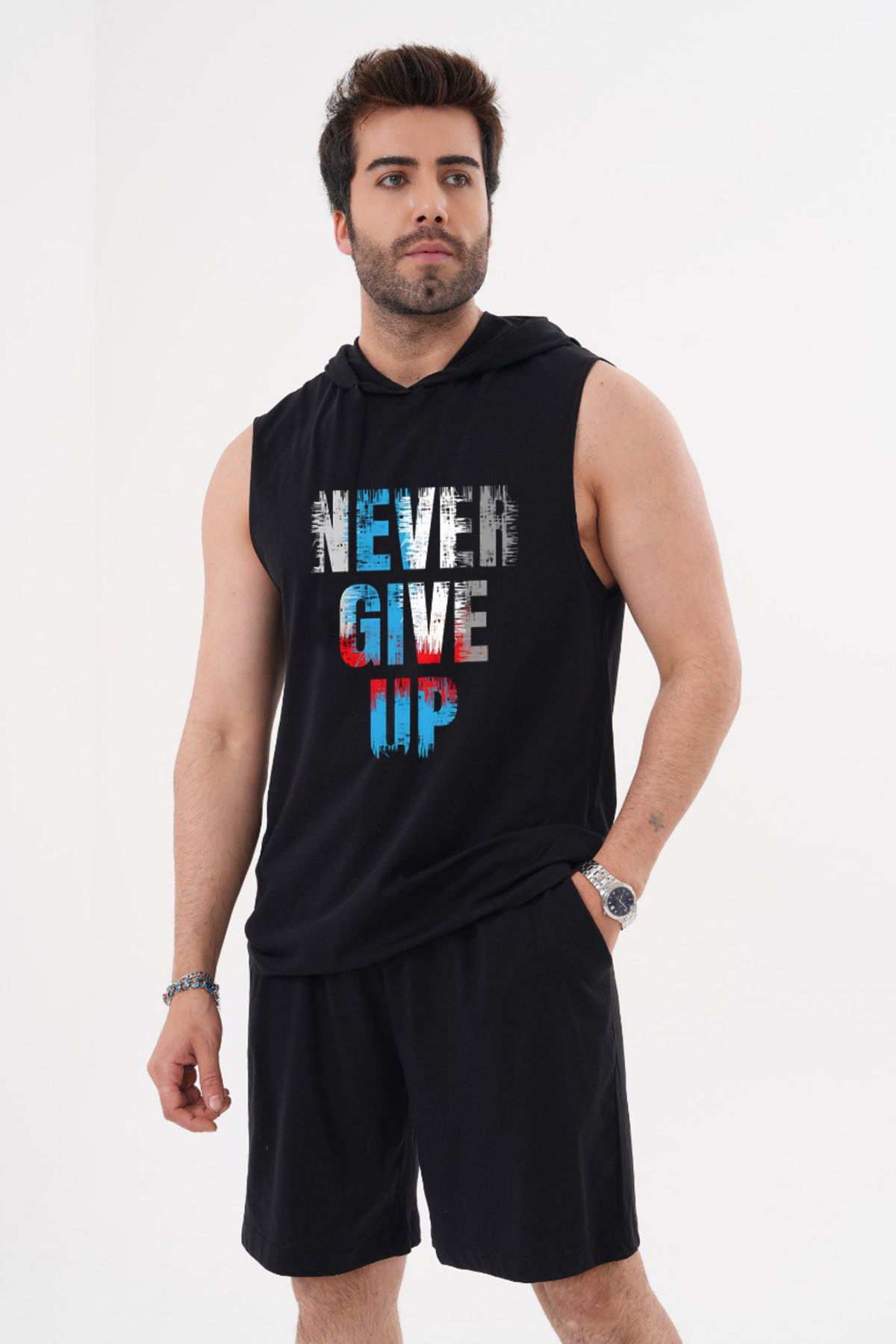 ACTIVE MODA ERKEK -Never Give Up -BASKILI SPOR ATLETİ - ŞORT TAKIMI 2Lİ BÜYÜK BEDEN PAMUKLU