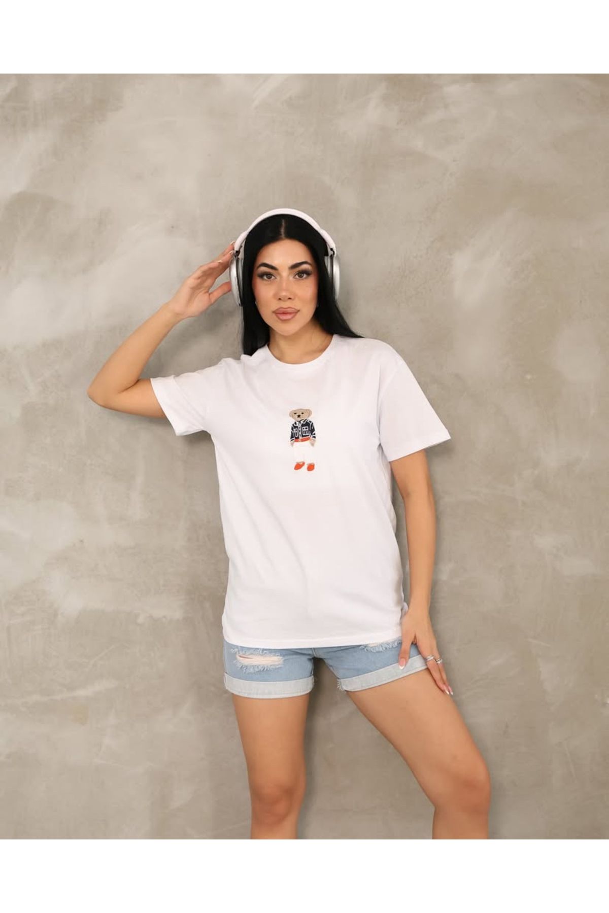 ROPE DE MUJER Ayıcıklı Bisiklet Yaka T-shirt