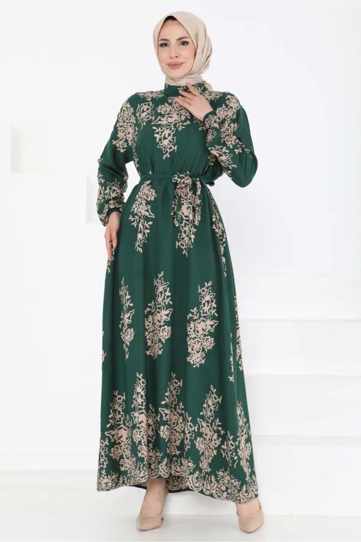 Butik Kuşaklı Desenli Elbise