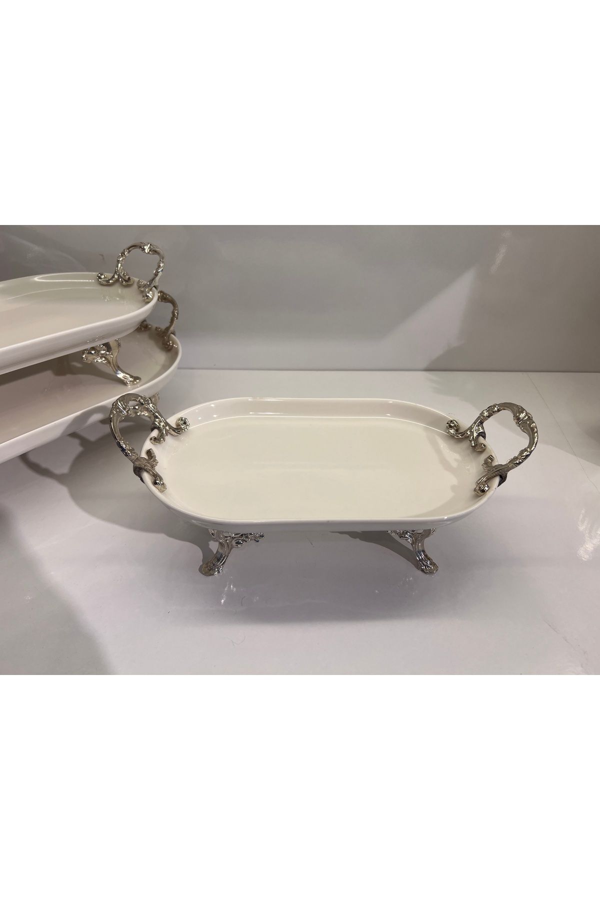 ece home aksesuar oval gümüş detay sunum tabağı
