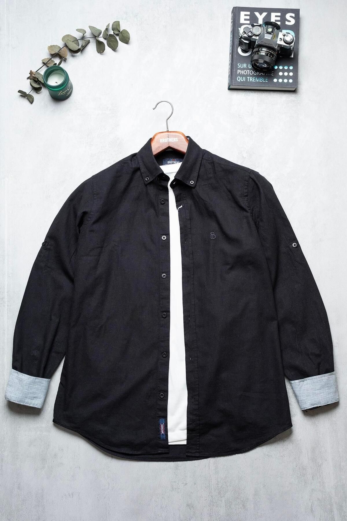 Brothers Erkek Tailored Fit Uzun Kol Logo Nakışlı Yıkamalı Pamuk Keten Gömlek Lindy Ls B01.251.709 -