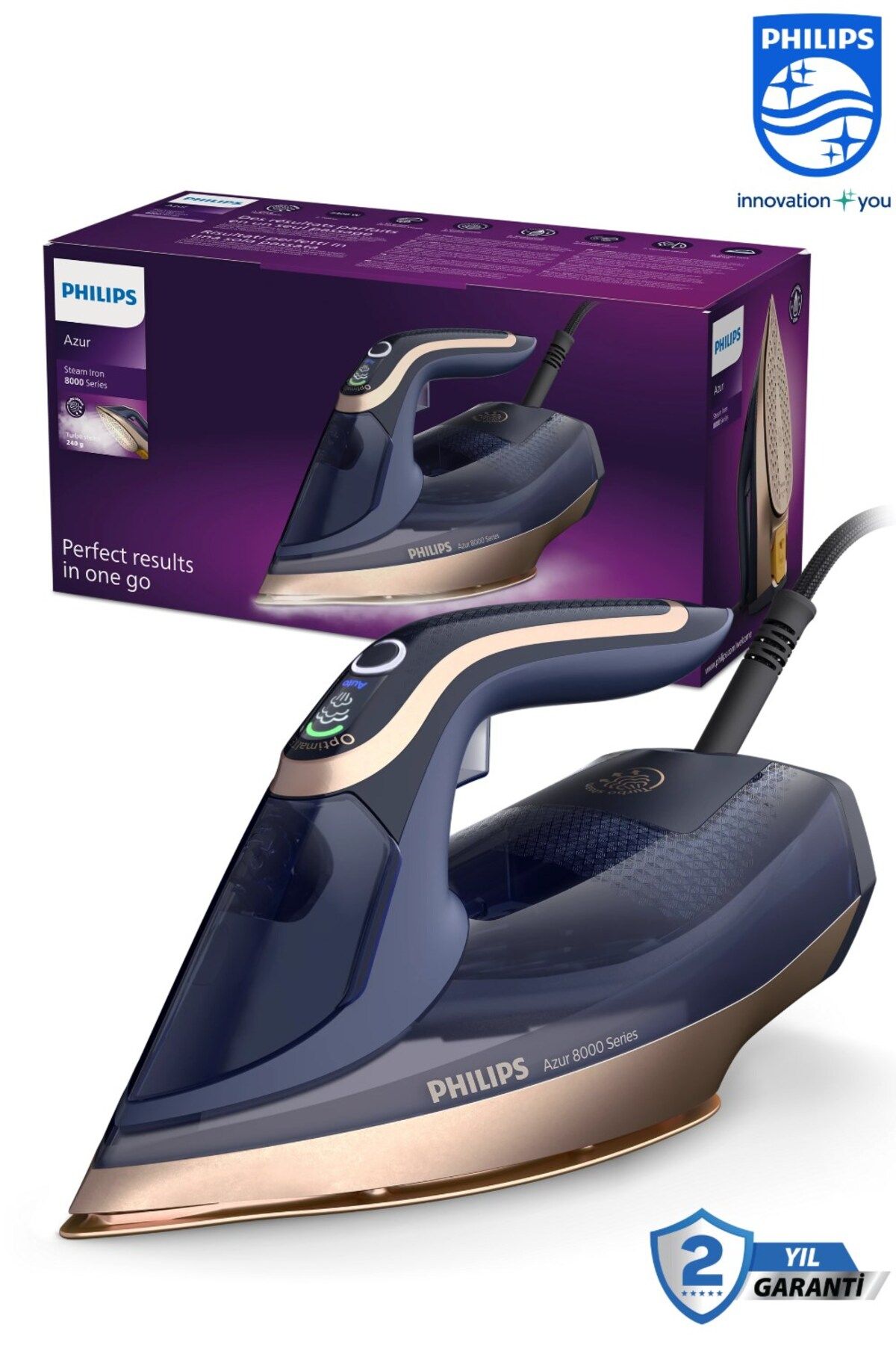 Philips Azur 8000 Serisi, 85 g/dk Sürekli Buhar, 260gr Şok Buhar Premium Akıllı Ütü-Kireç Çözme Özelliği