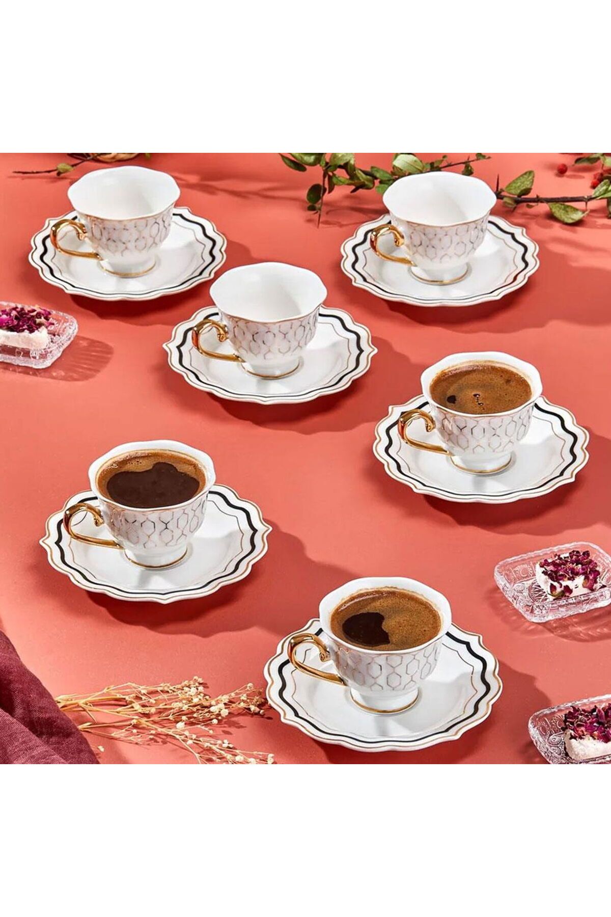 ASPARTAM Valeria 6'lı Kahve Fincanı - Beyaz / Sarı