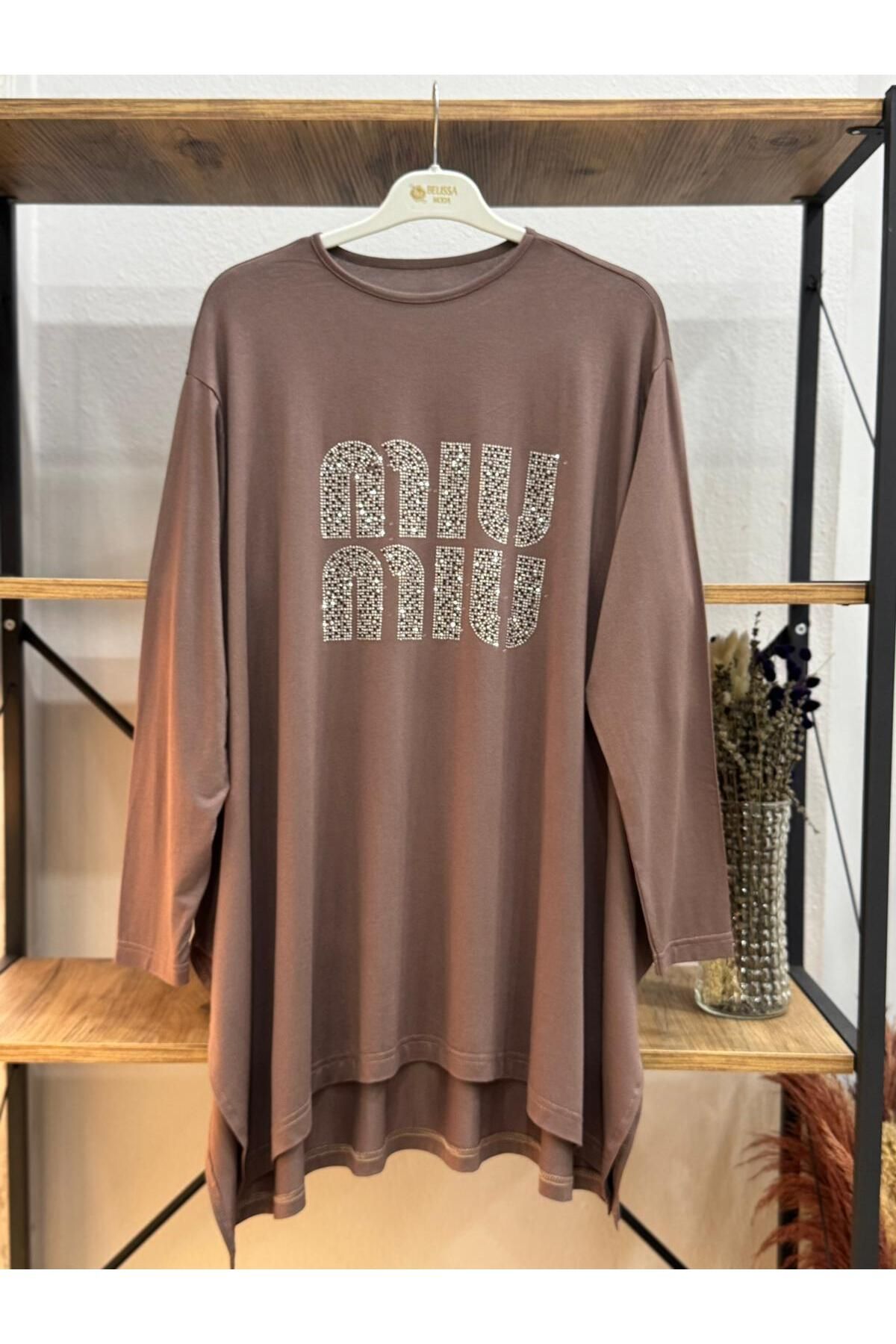ÖZNE BUTİK Kadın pamuklu likralı bisiklet yaka miu taş baskılı oversize tunik