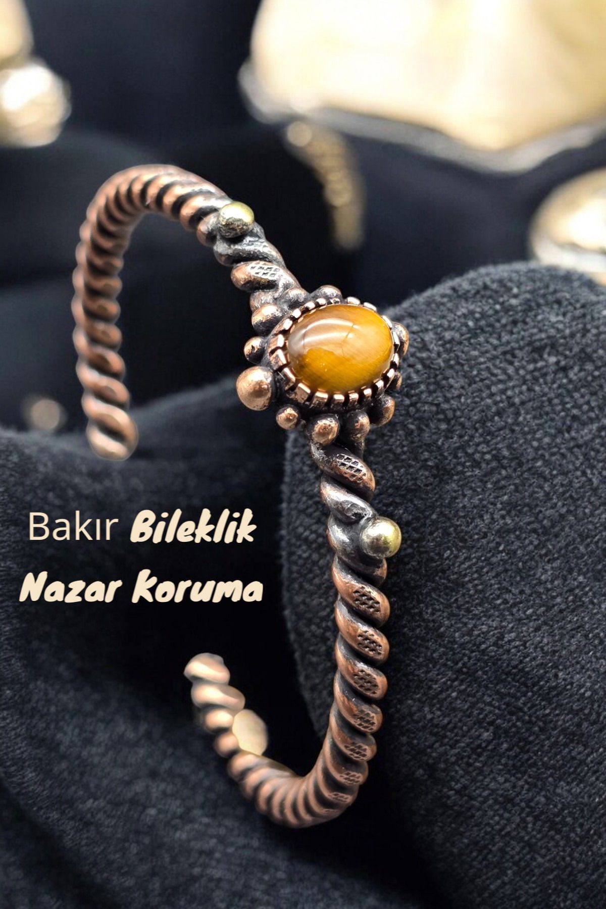 NBS Beautiful Naturel Stones Bakır Bileklik ( Saf ) Ayarlanabilir Kaplan Gözü Antik Benzersiz Tasarım Burma ( Nazar )
