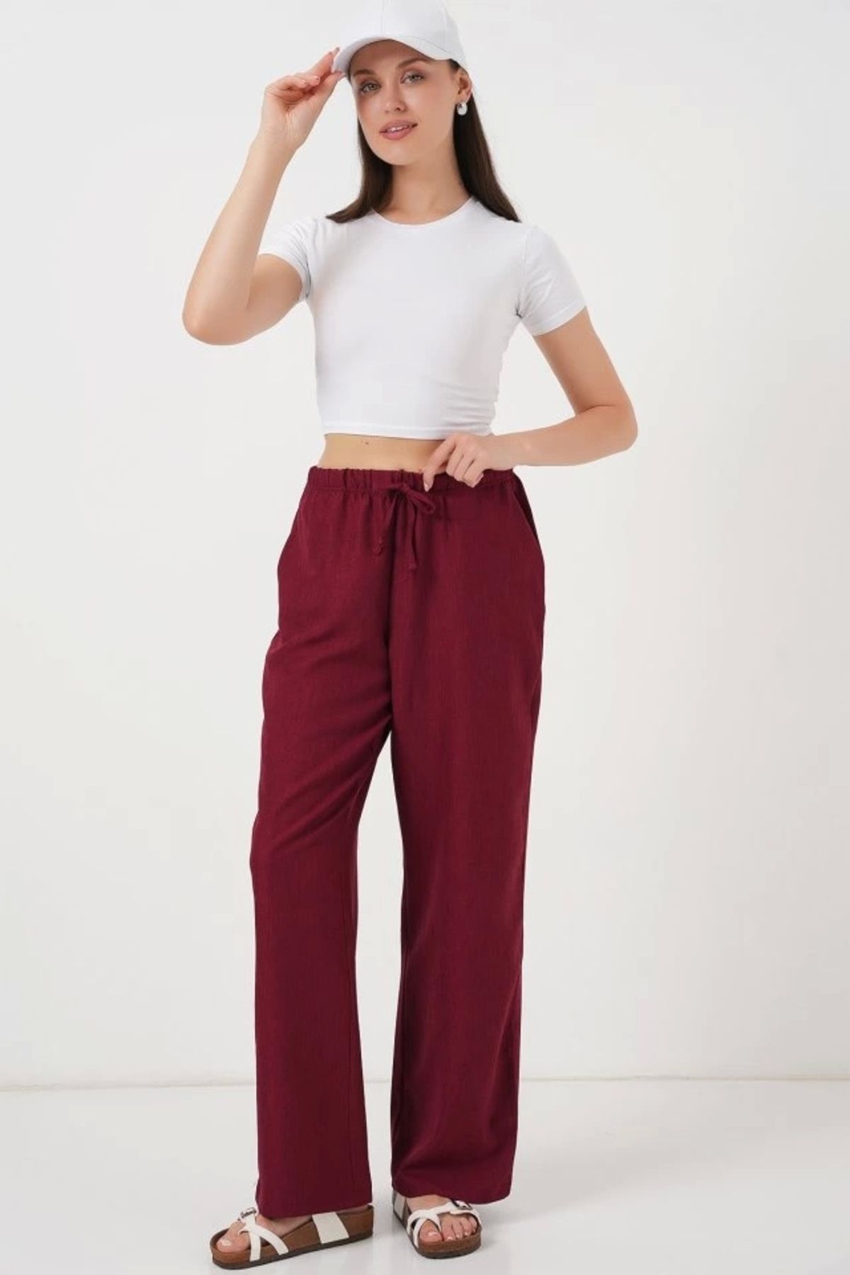Kaplan Geniş Paça Keten Pantolon 6735 - Bordo