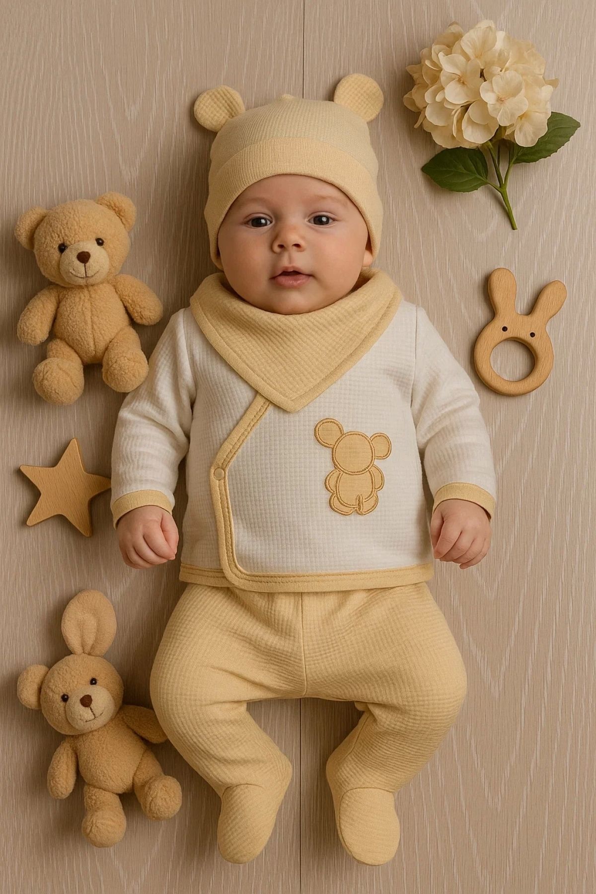 candar Waffle Tavşanlı 5 Parça %100 Pamuk Erkek Bebek Hastane Çıkışı