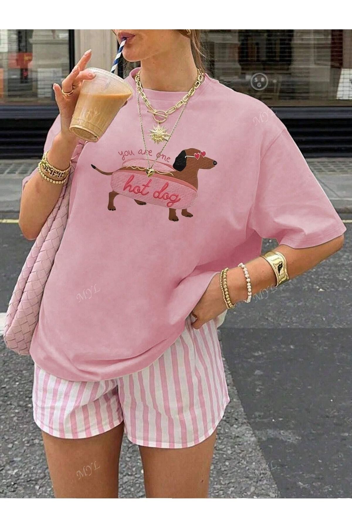 PALPİTO Kadın Pembe Hot Dog Baskılı Oversize T-Shirt