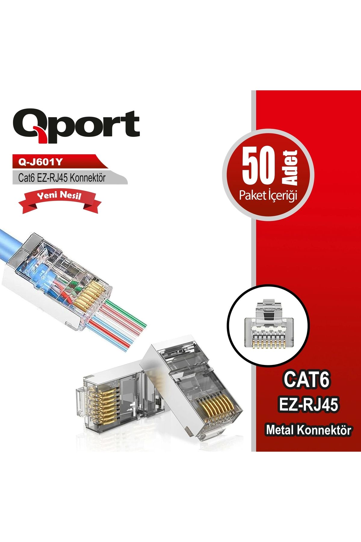 Qport TEKNOTEG - QPORT Q-J601Y CAT6 50 LİK PAKET EZ-RJ45 METAL YENİ NESİL KONNEKTÖR