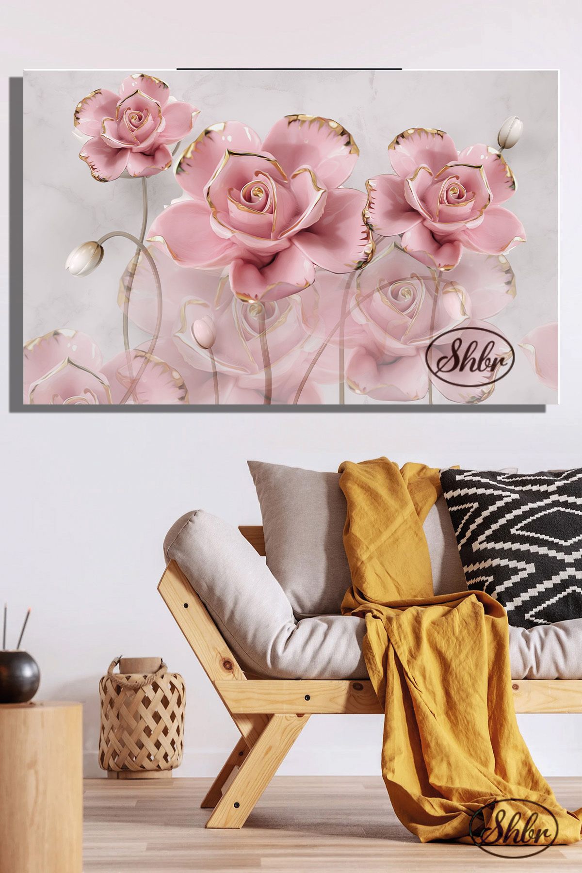 Şehber Tekli, Yatay, Kanvas, Dekoratif, Duvar, Tablosu , Pembe Gold Detaylı 3D Güller,