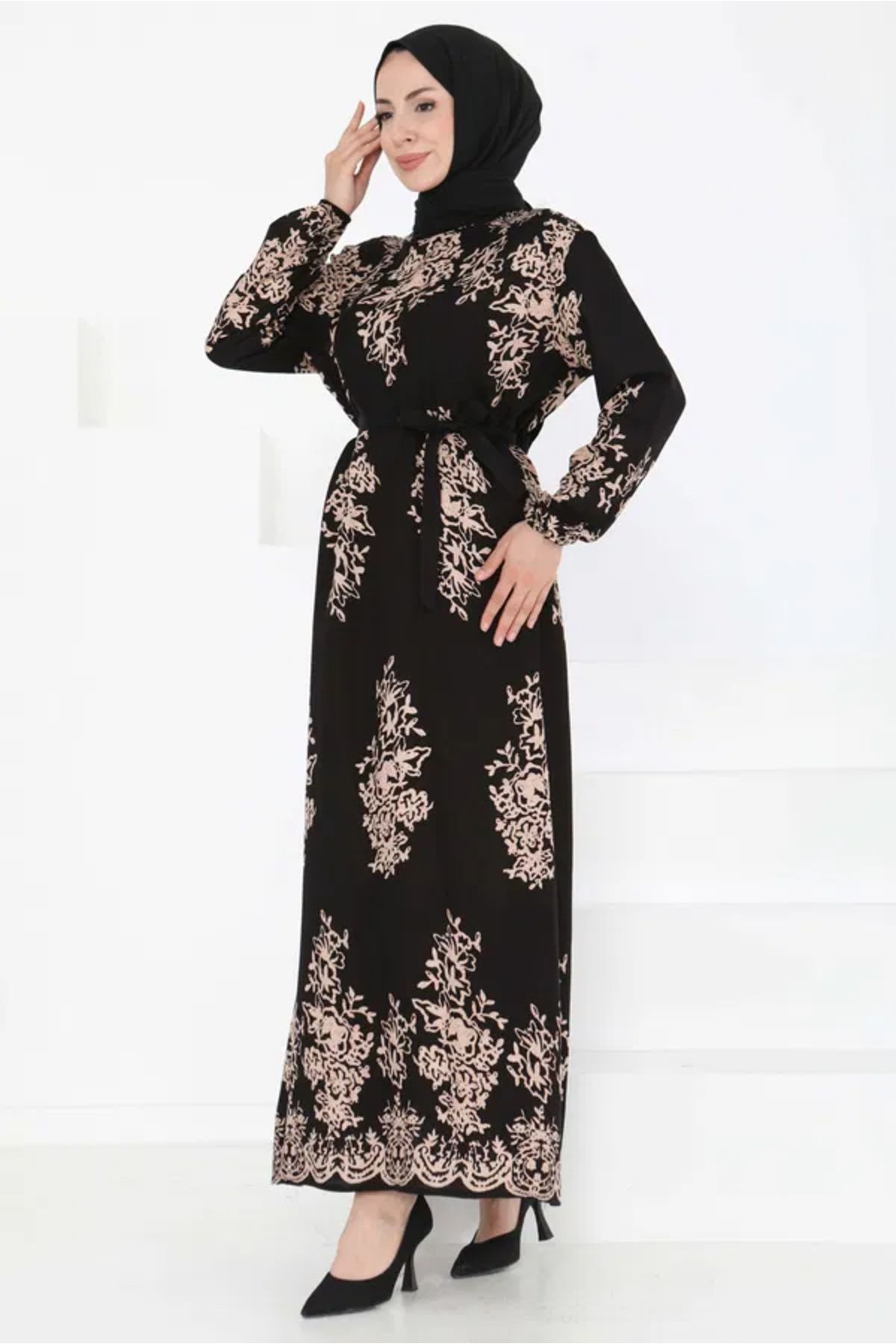 Butik Kuşaklı Desenli Elbise
