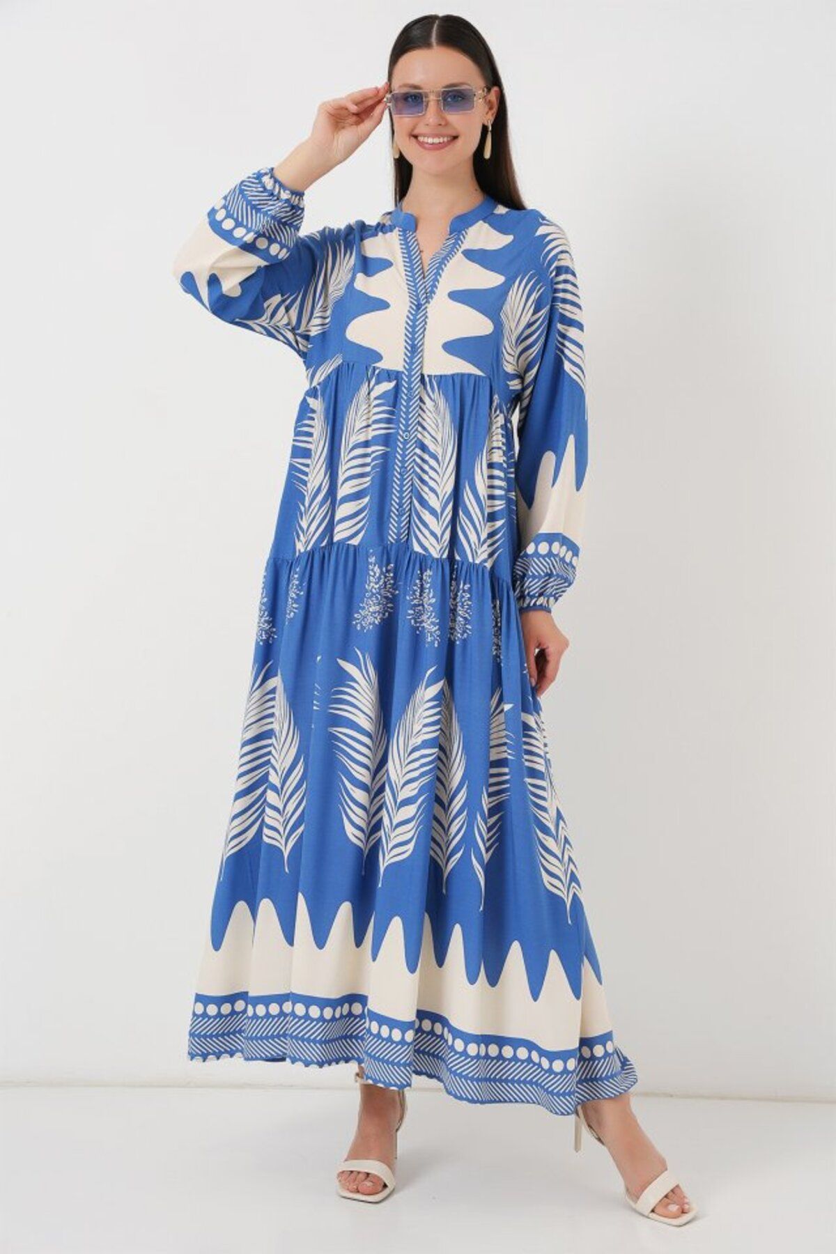 Butik Aura Mou 2423 Otantik Desenli Tesettür Elbise - H. İndigo
